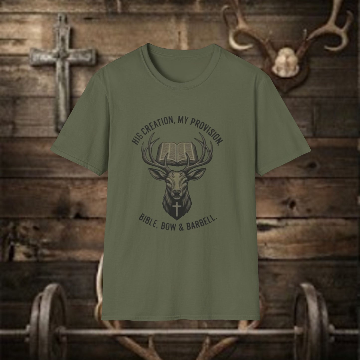 Bible, Bow & Barbell T‑Shirt — “His Creation, My Provision” Deer Antler Faith Fitness Tee