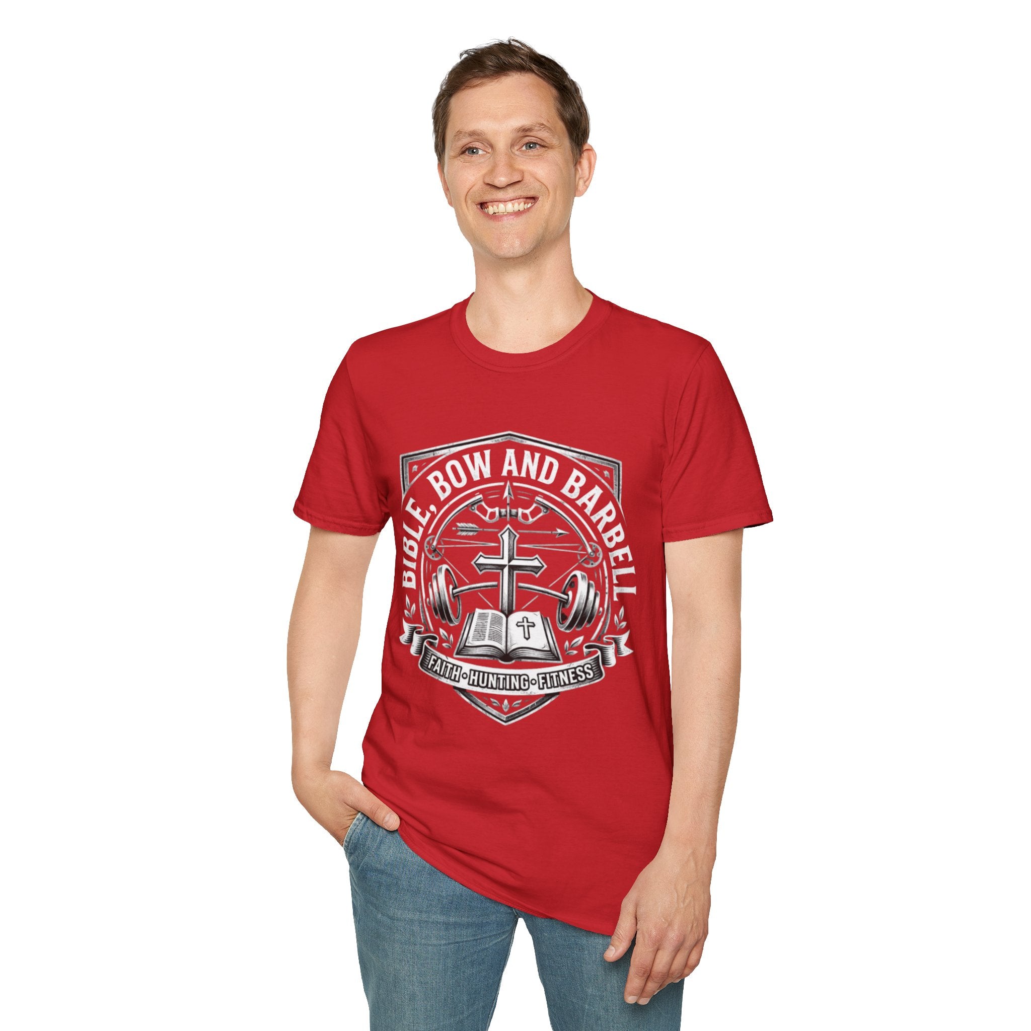 Bible Bow and Barbell Emblem T-Shirt | Fitness Crossed Barbell Logo