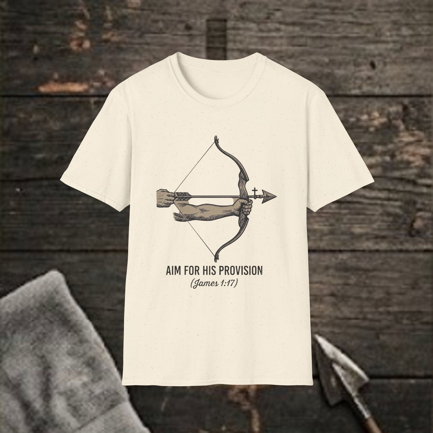Christian Hunting Shirt: Arrow & Bow T-Shirt — “Aim for His Provision” Inspirational Christian Tee