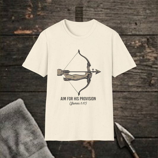 Christian Hunting Shirt: Arrow & Bow T-Shirt — “Aim for His Provision” Inspirational Christian Tee