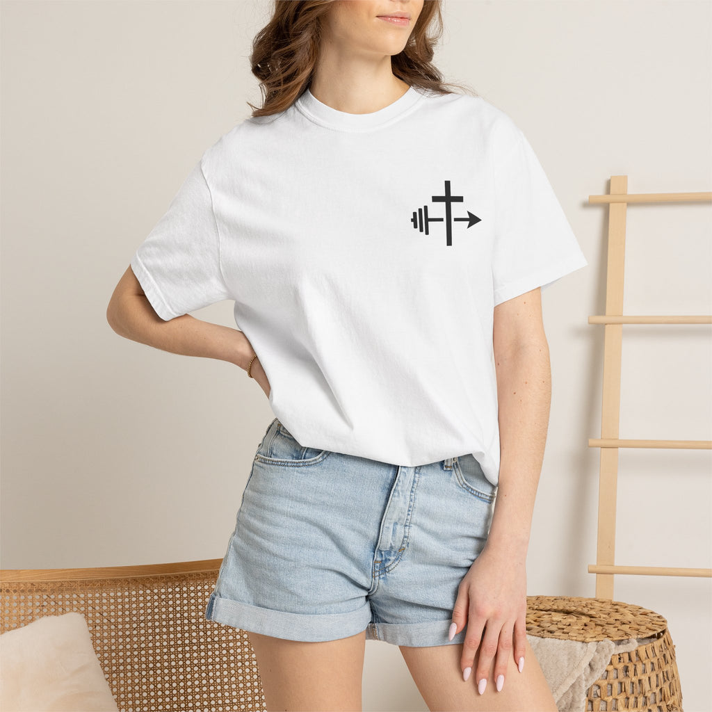 Cross and Barbell Chest Logo T-Shirt | Faith Fitness Tee
