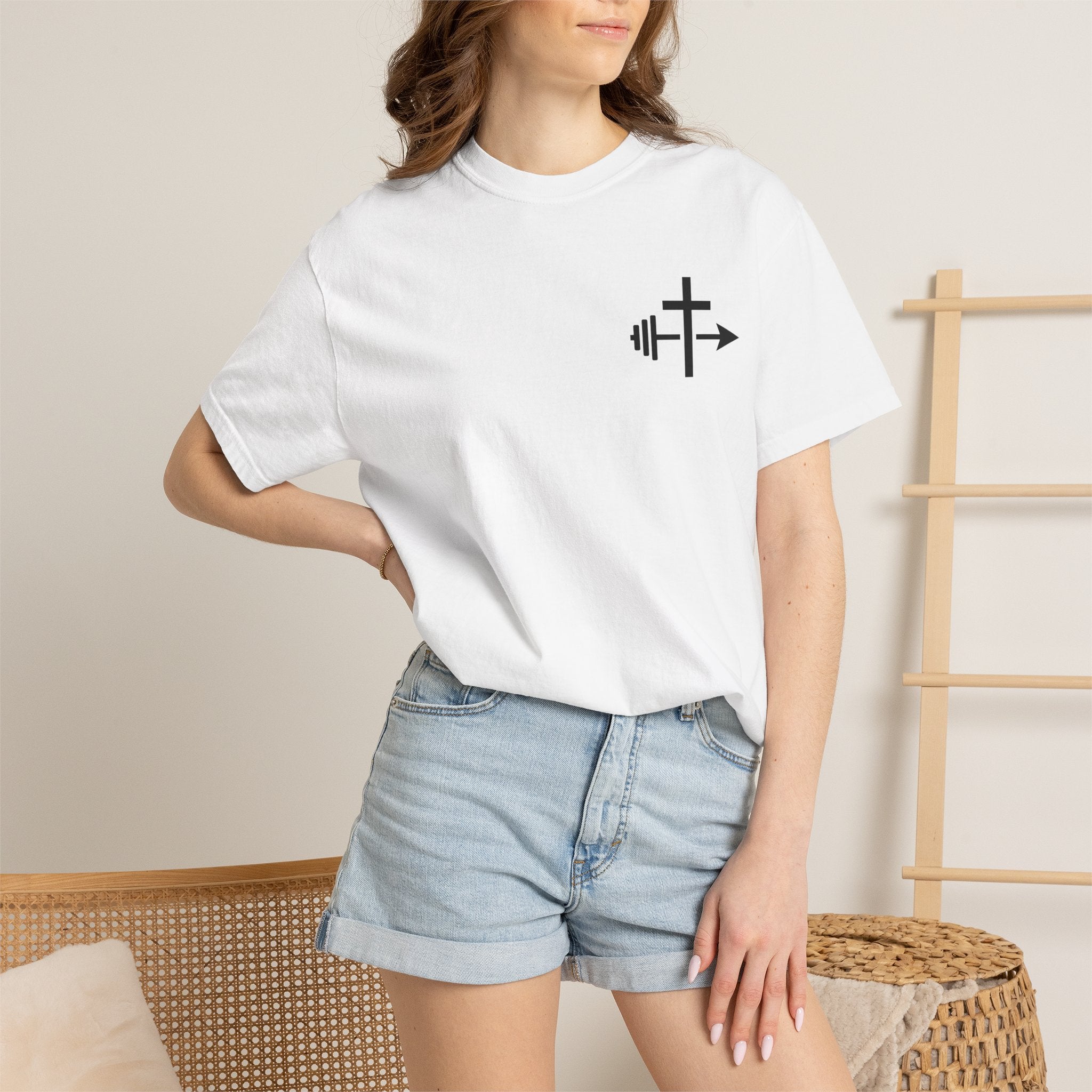 Cross and Barbell Chest Logo T-Shirt | Faith Fitness Tee