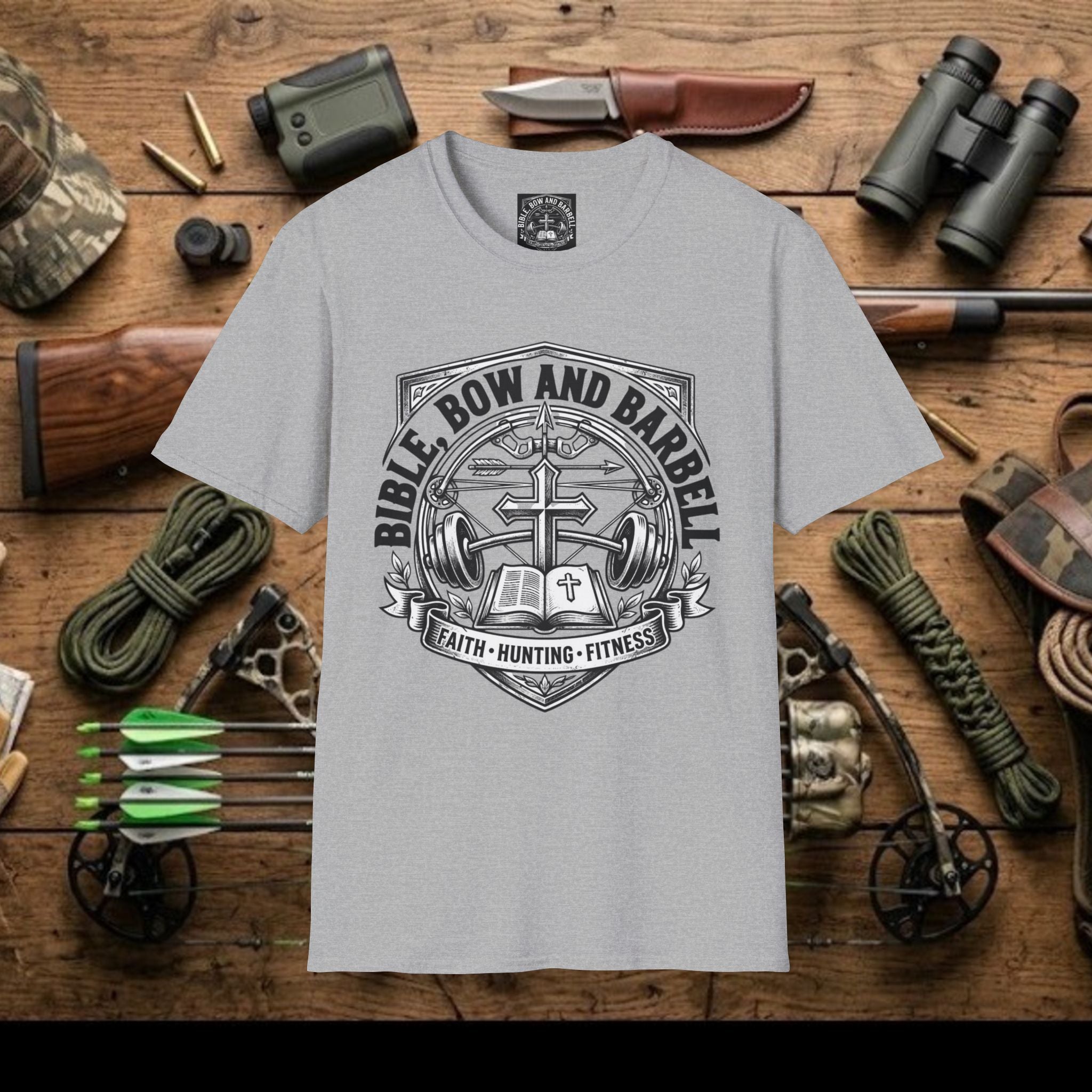Bible Bow and Barbell Emblem T-Shirt | Fitness Crossed Barbell Logo