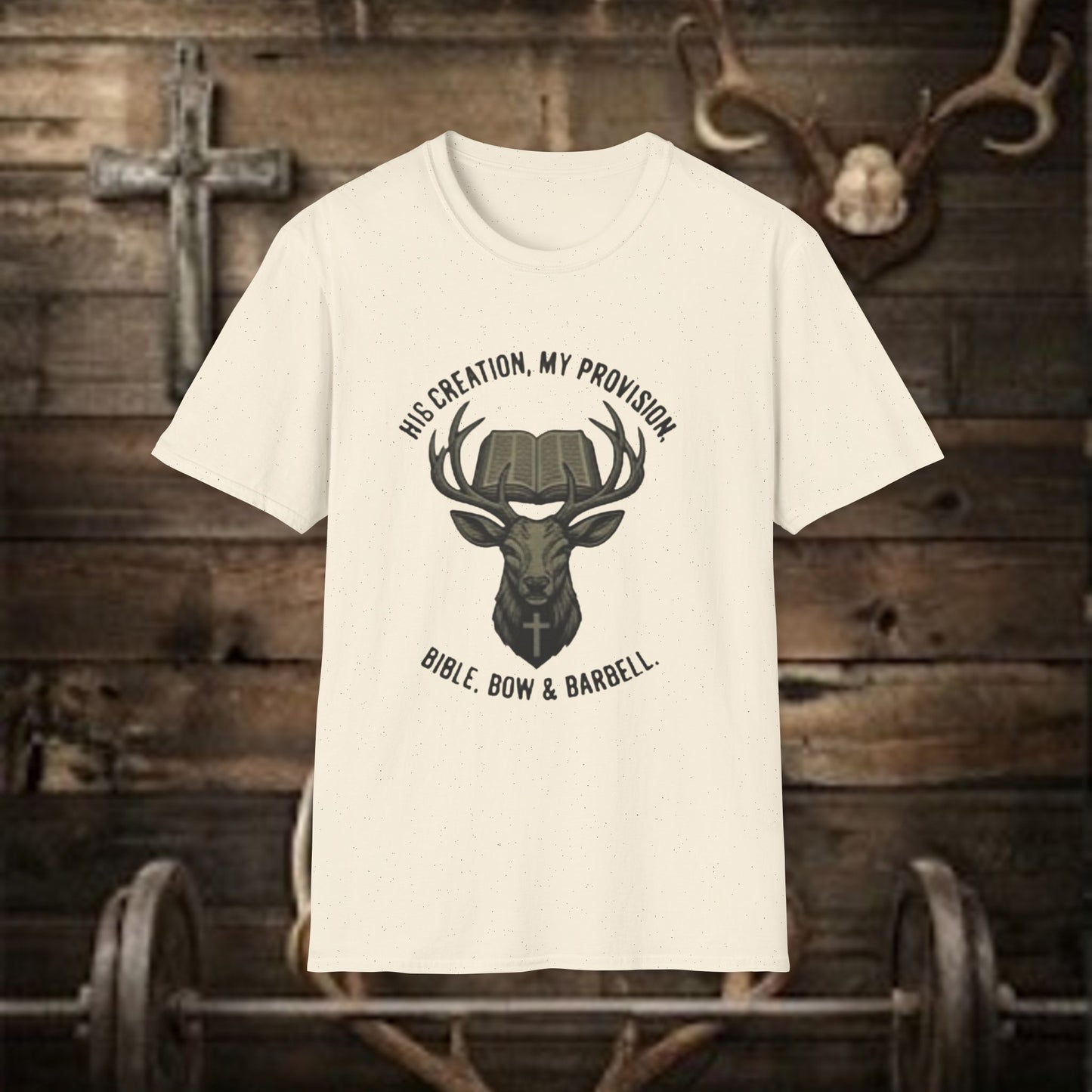 Bible, Bow & Barbell T‑Shirt — “His Creation, My Provision” Deer Antler Faith Fitness Tee