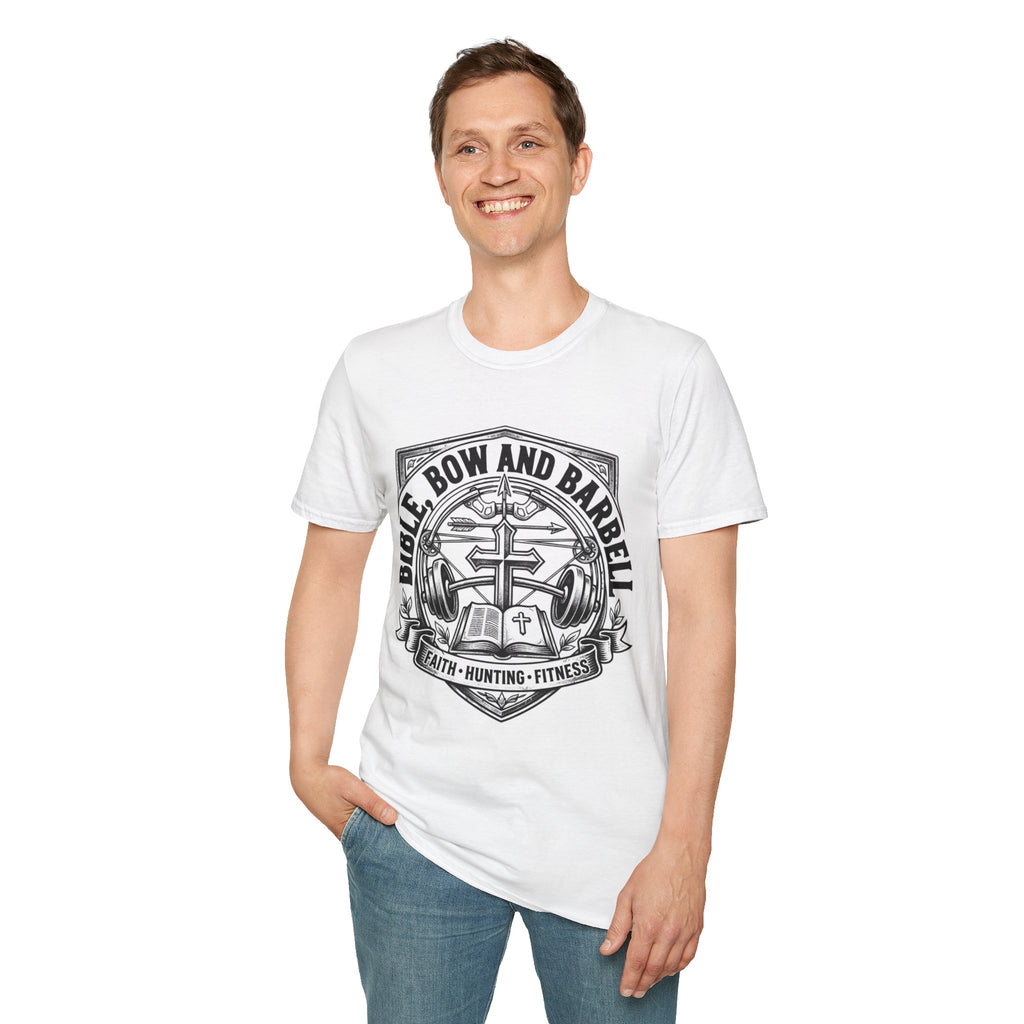 Bible Bow and Barbell Emblem T-Shirt | Fitness Crossed Barbell Logo