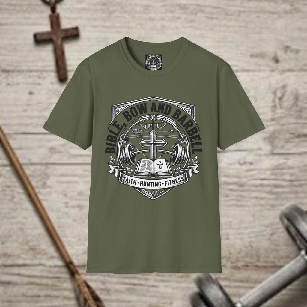 Bible Bow and Barbell Emblem T-Shirt | Fitness Crossed Barbell Logo