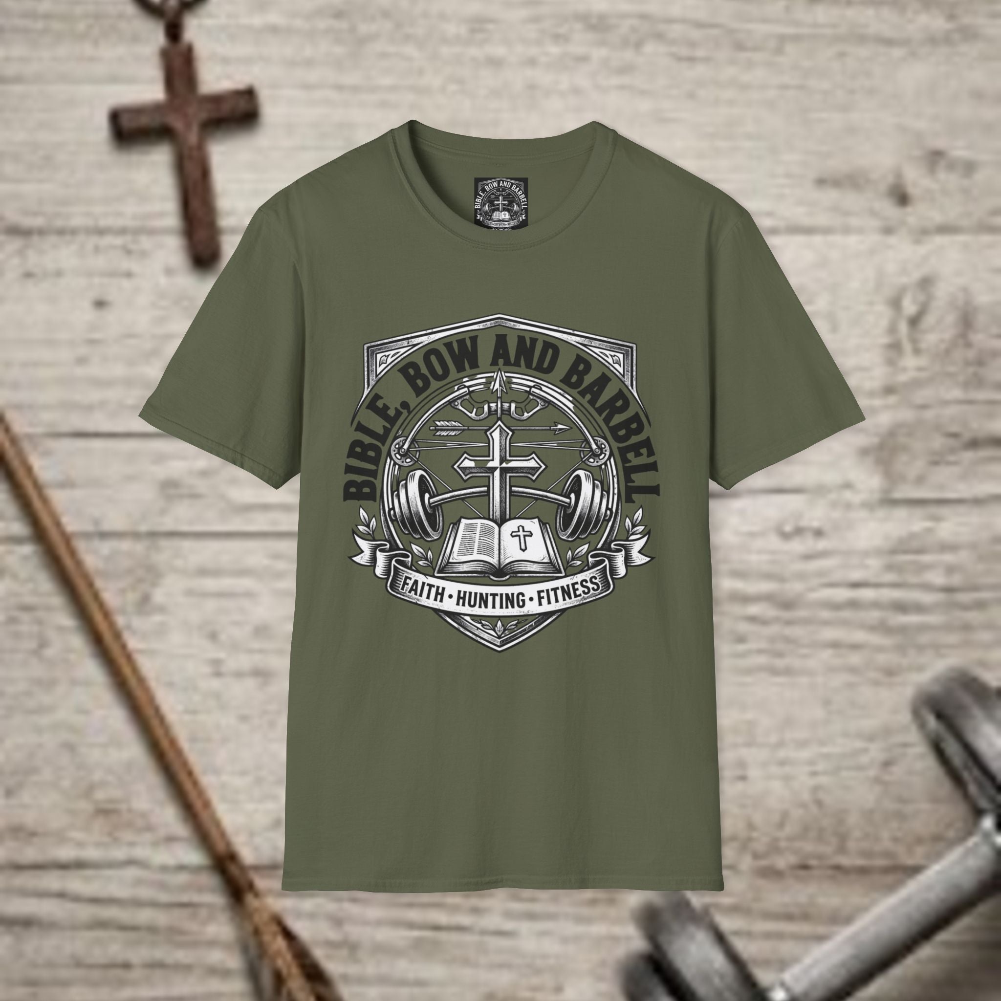 Bible Bow and Barbell Emblem T-Shirt | Fitness Crossed Barbell Logo