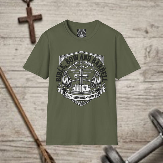 Bible Bow and Barbell Emblem T-Shirt | Fitness Crossed Barbell Logo