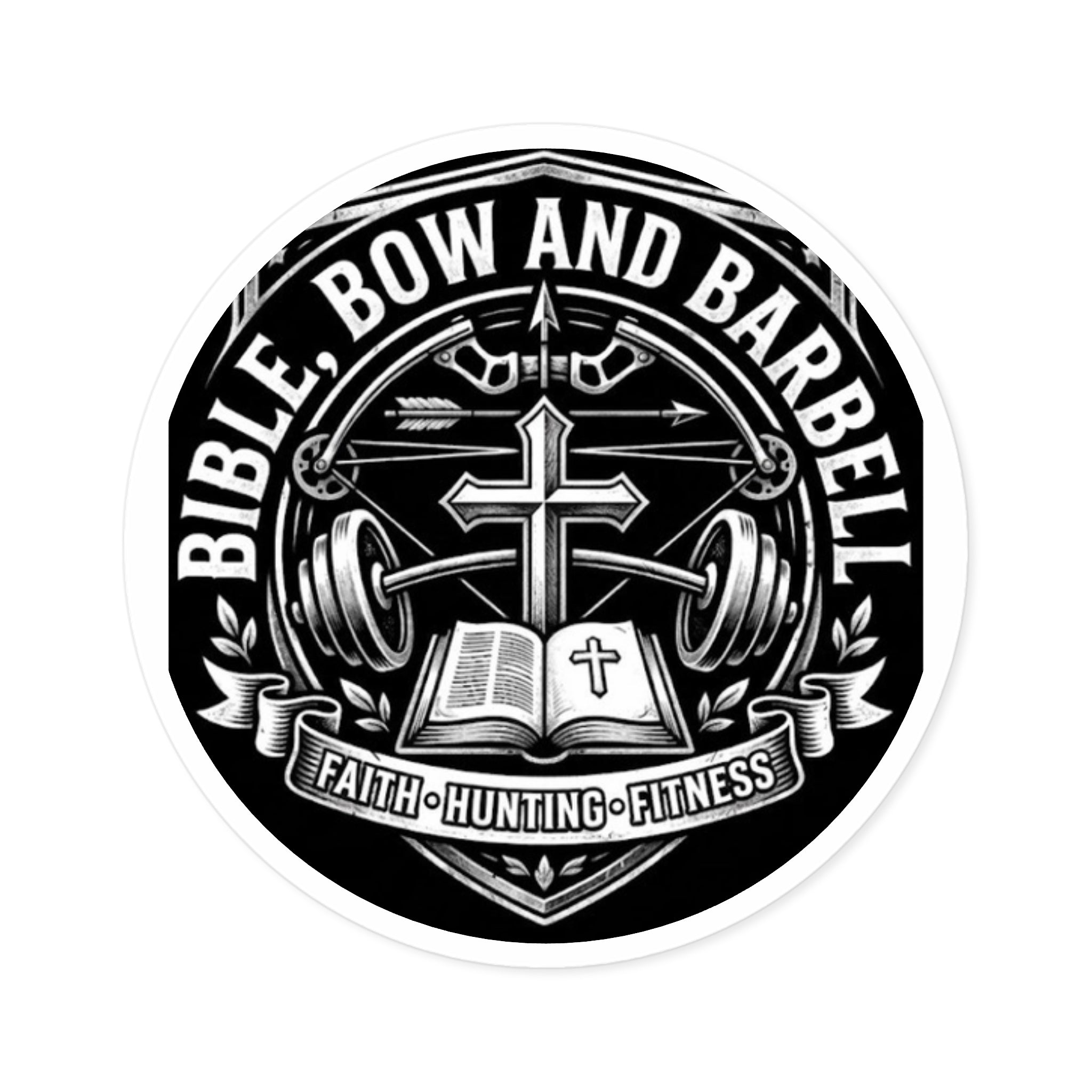 Bible Bow and Barbell Round Sticker | Faith Hunting Fitness