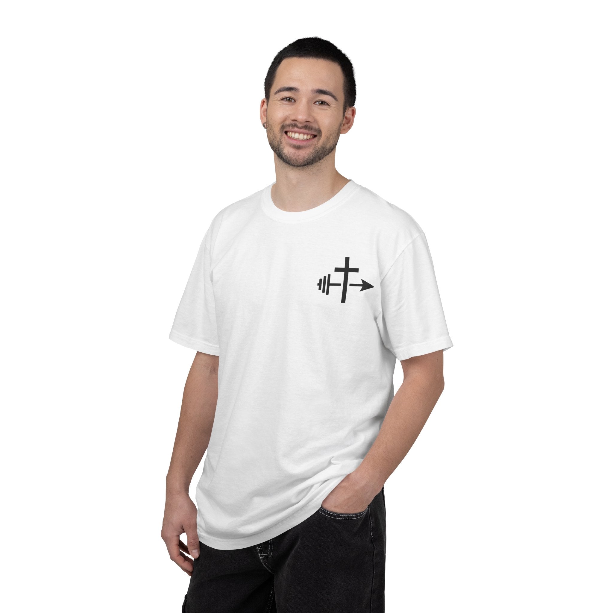 Cross and Barbell Chest Logo Only T-Shirt | Faith Fitness Tee