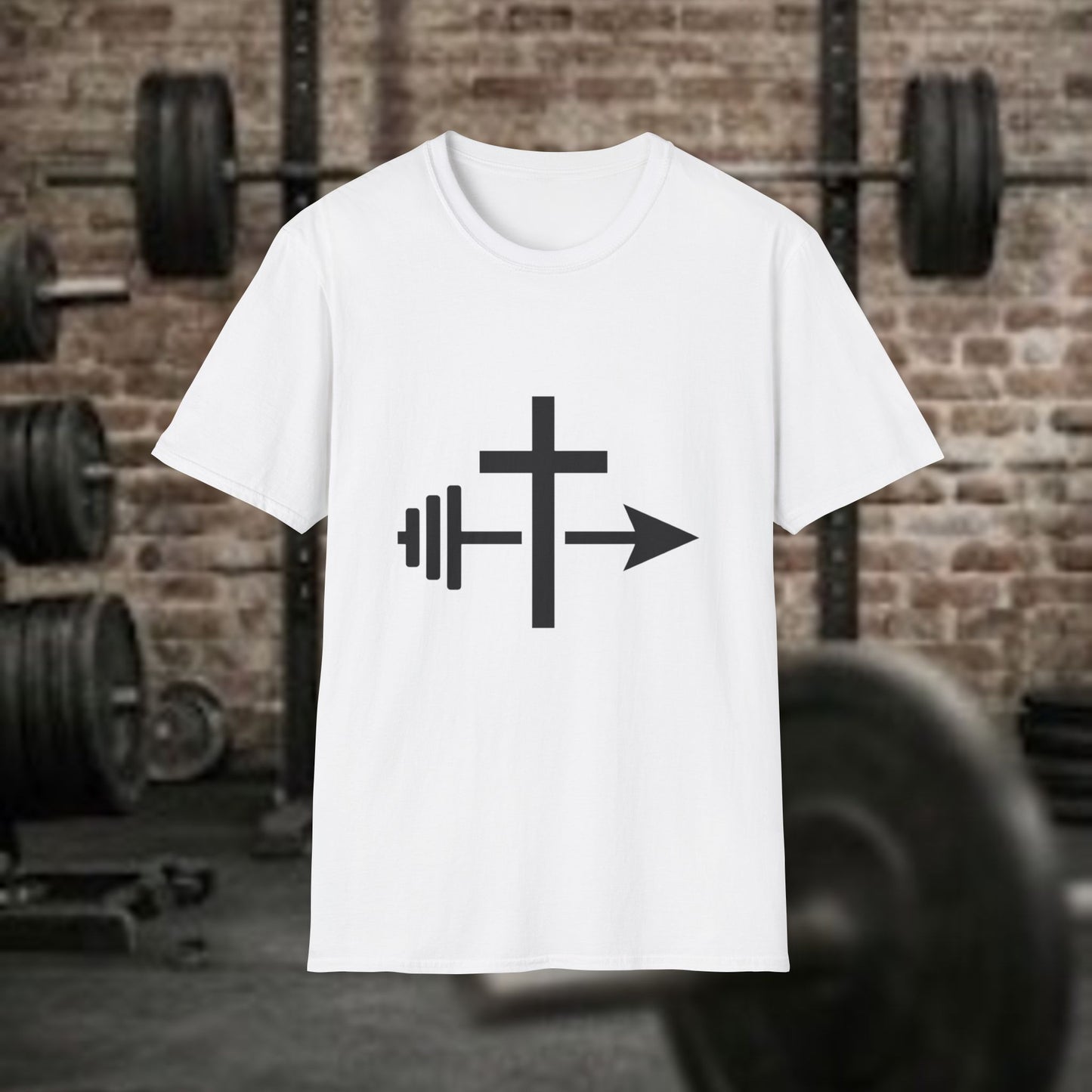 Christian Workout Shirt: Cross, Barbell and Arrow  Minimalist Christian Tee