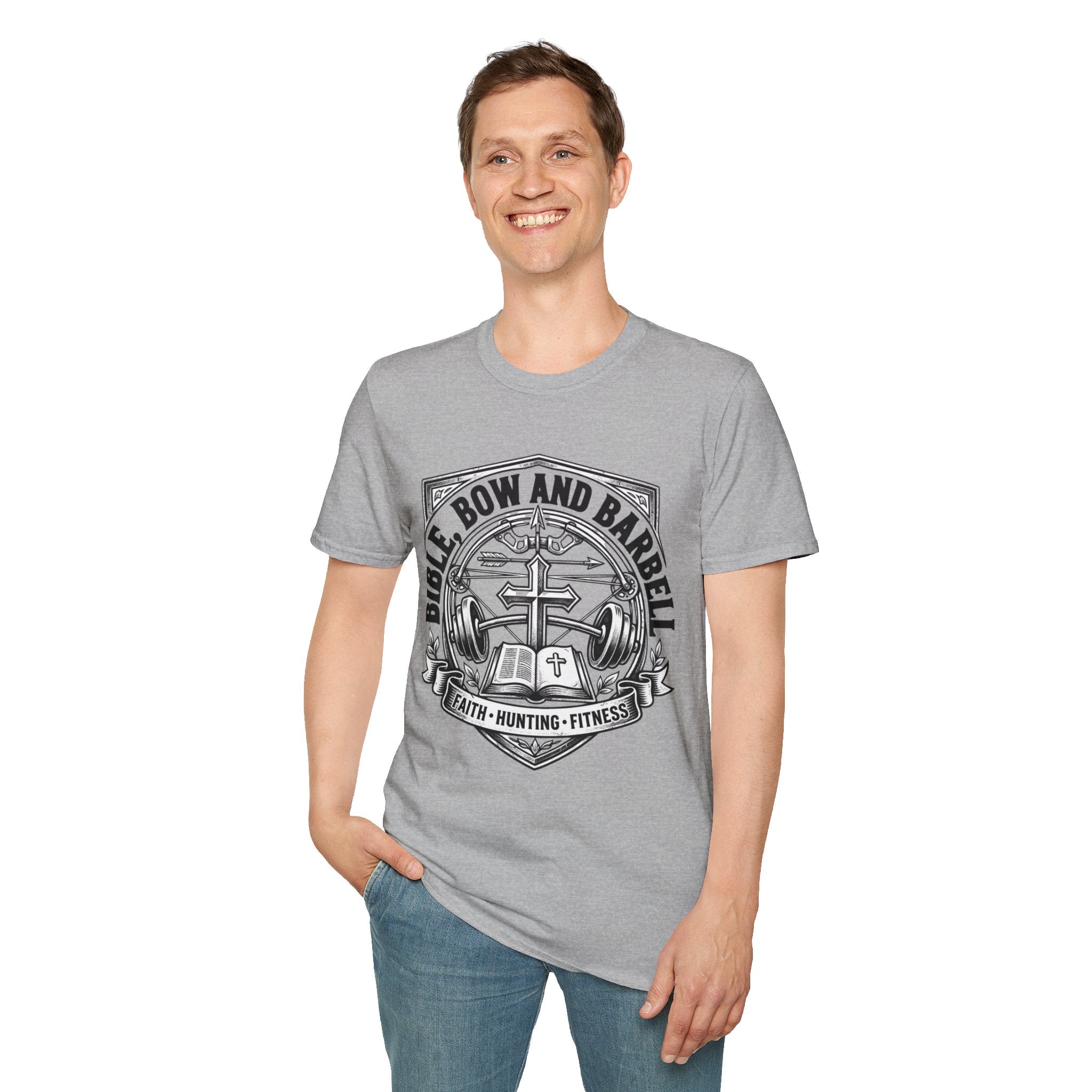 Bible Bow and Barbell Emblem T-Shirt | Fitness Crossed Barbell Logo