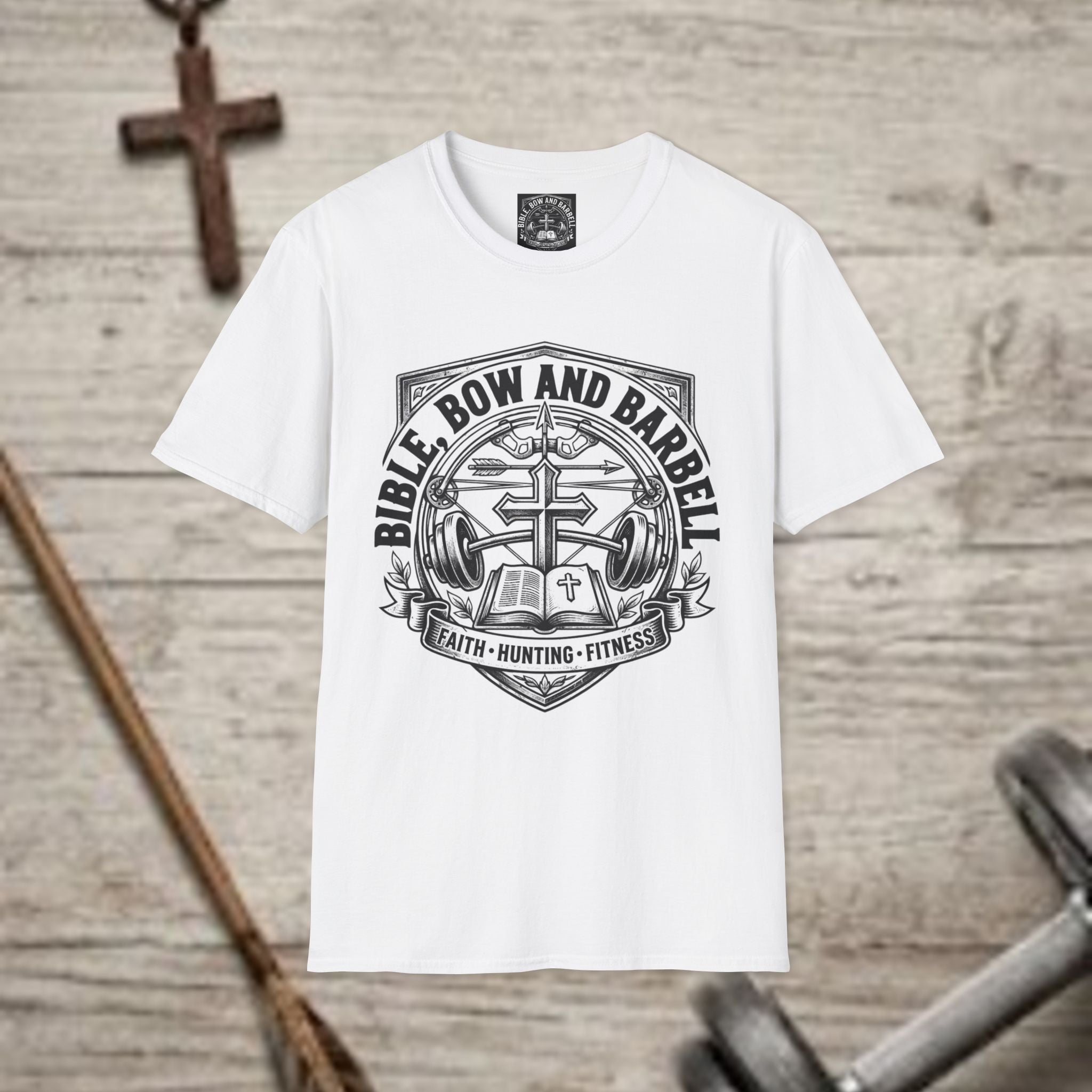 Bible Bow and Barbell Emblem T-Shirt | Fitness Crossed Barbell Logo