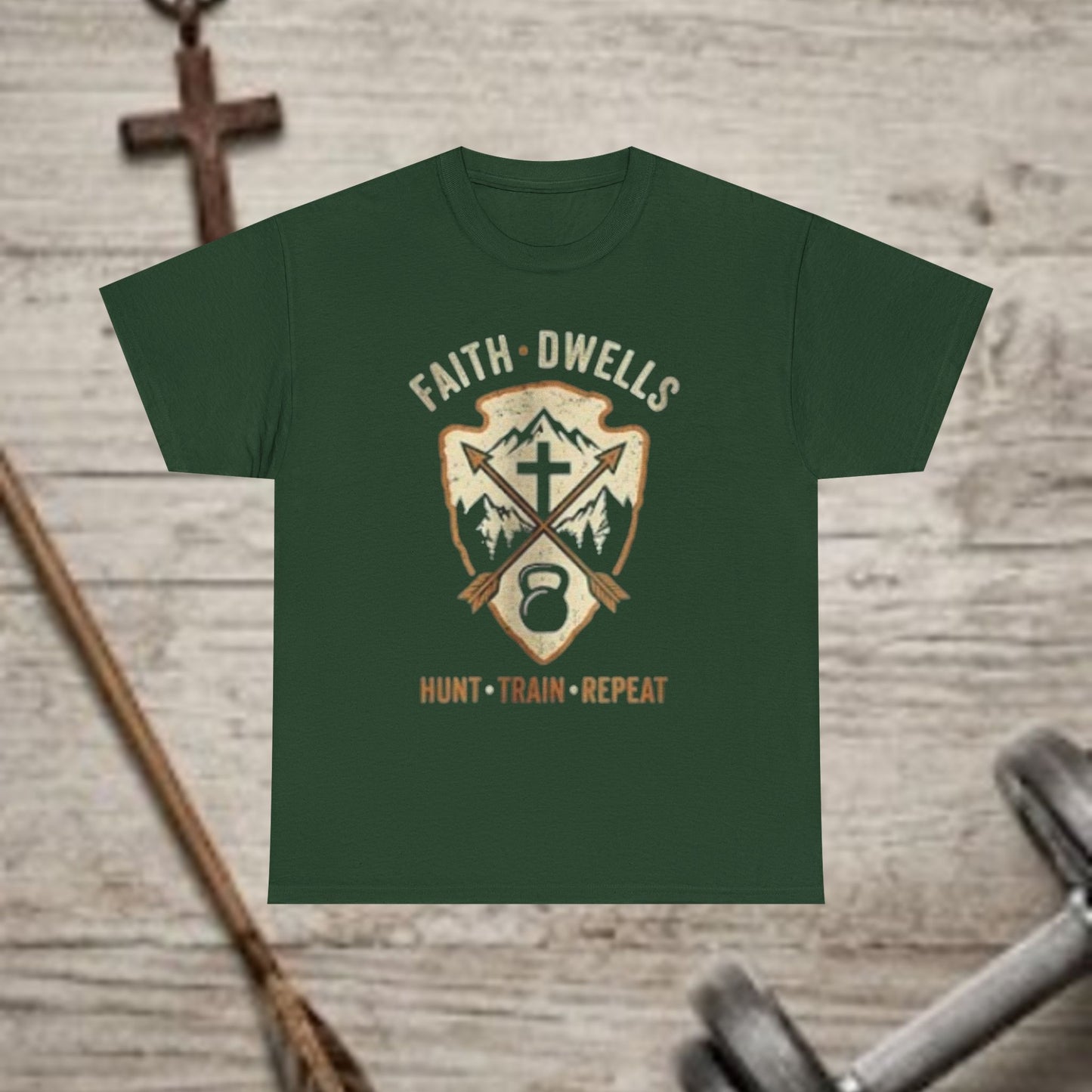 Faith Dwells Hunting T‑Shirt — "Hunt · Train · Repeat" Christian Outdoors Tee