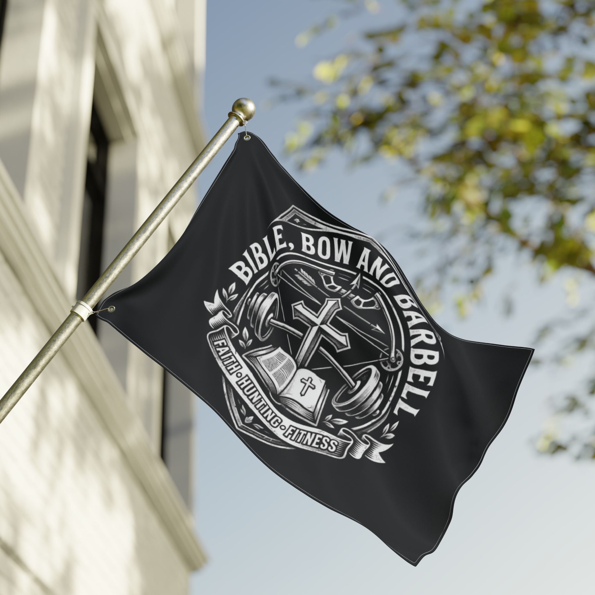 Bible Bow and Barbell emblem Flag | Double-Sided Christian Hunting Fitness Banner