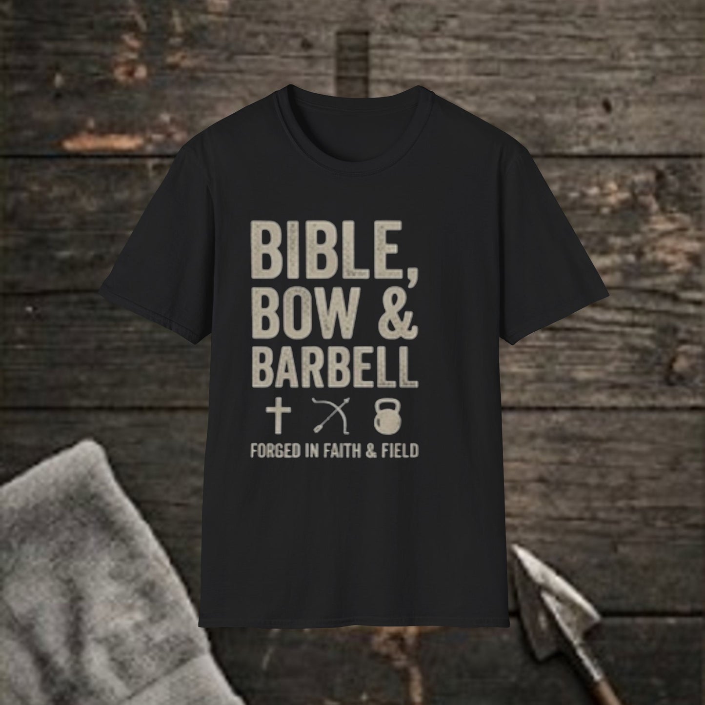 Bible, Bow & Barbell T‑Shirt — Christian Workout  Tee