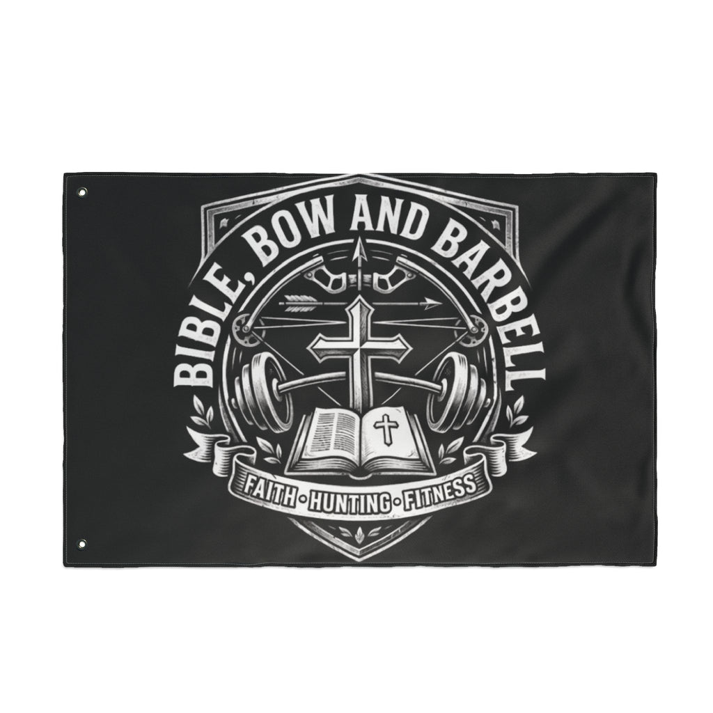 Bible Bow and Barbell emblem Flag | Double-Sided Christian Hunting Fitness Banner