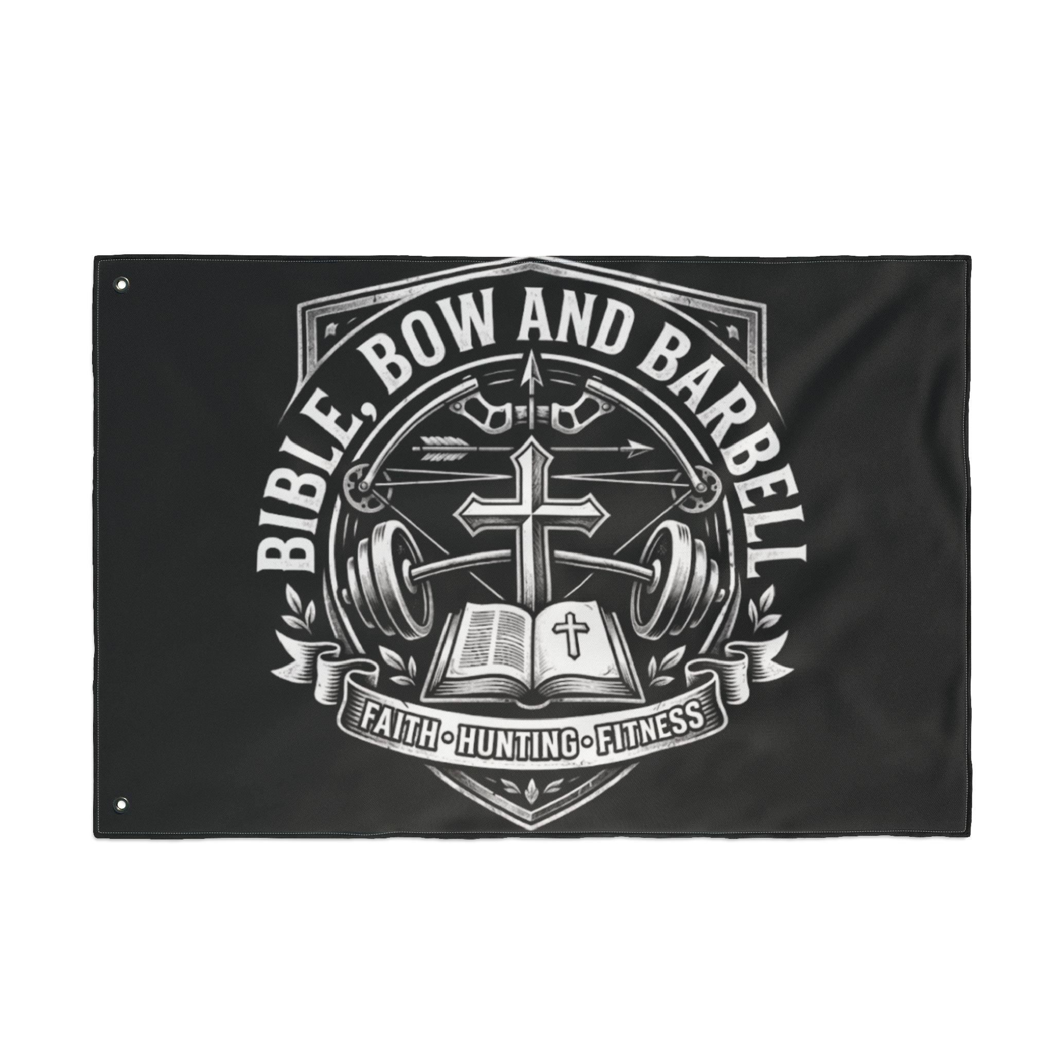 Bible Bow and Barbell emblem Flag | Double-Sided Christian Hunting Fitness Banner