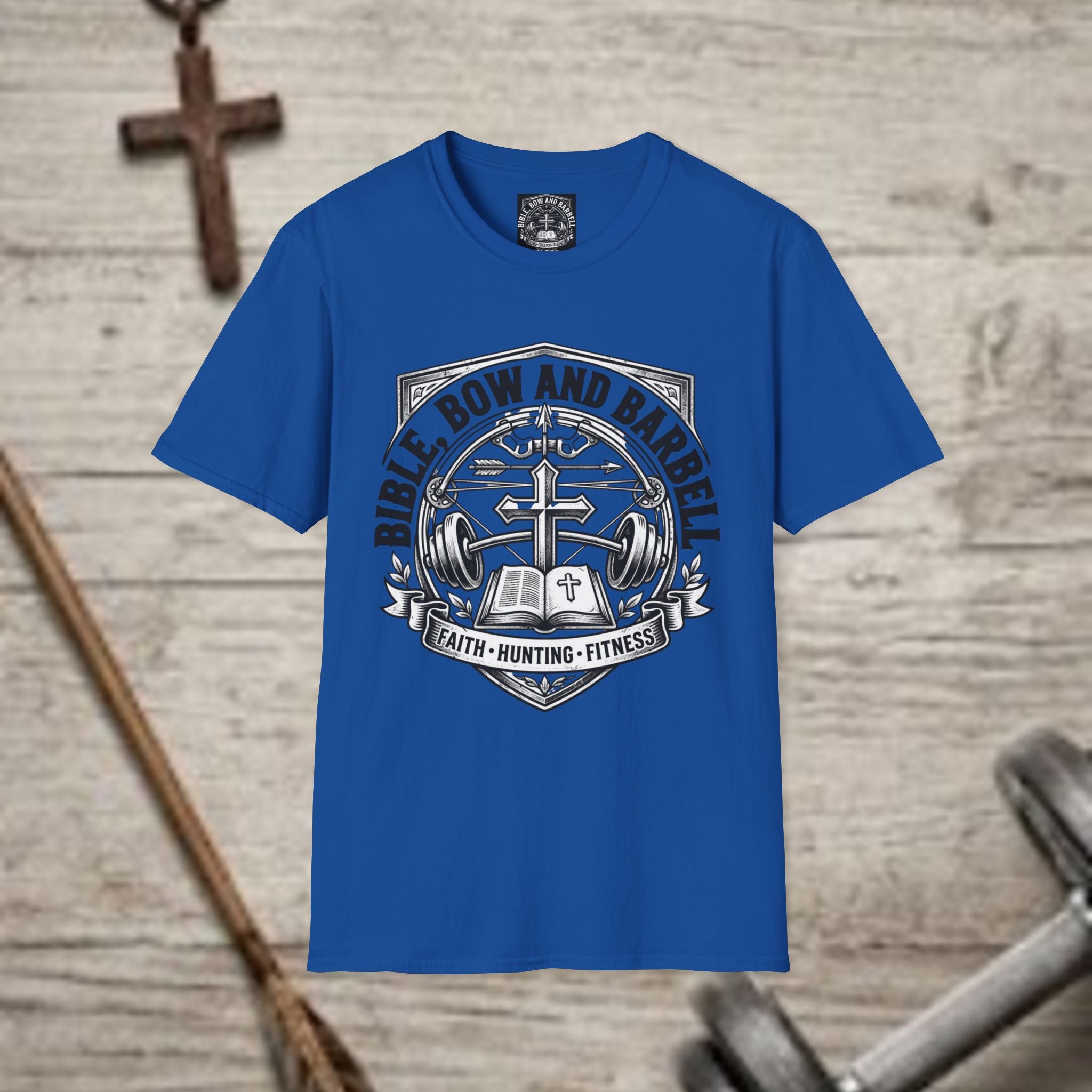 Bible Bow and Barbell Emblem T-Shirt | Fitness Crossed Barbell Logo