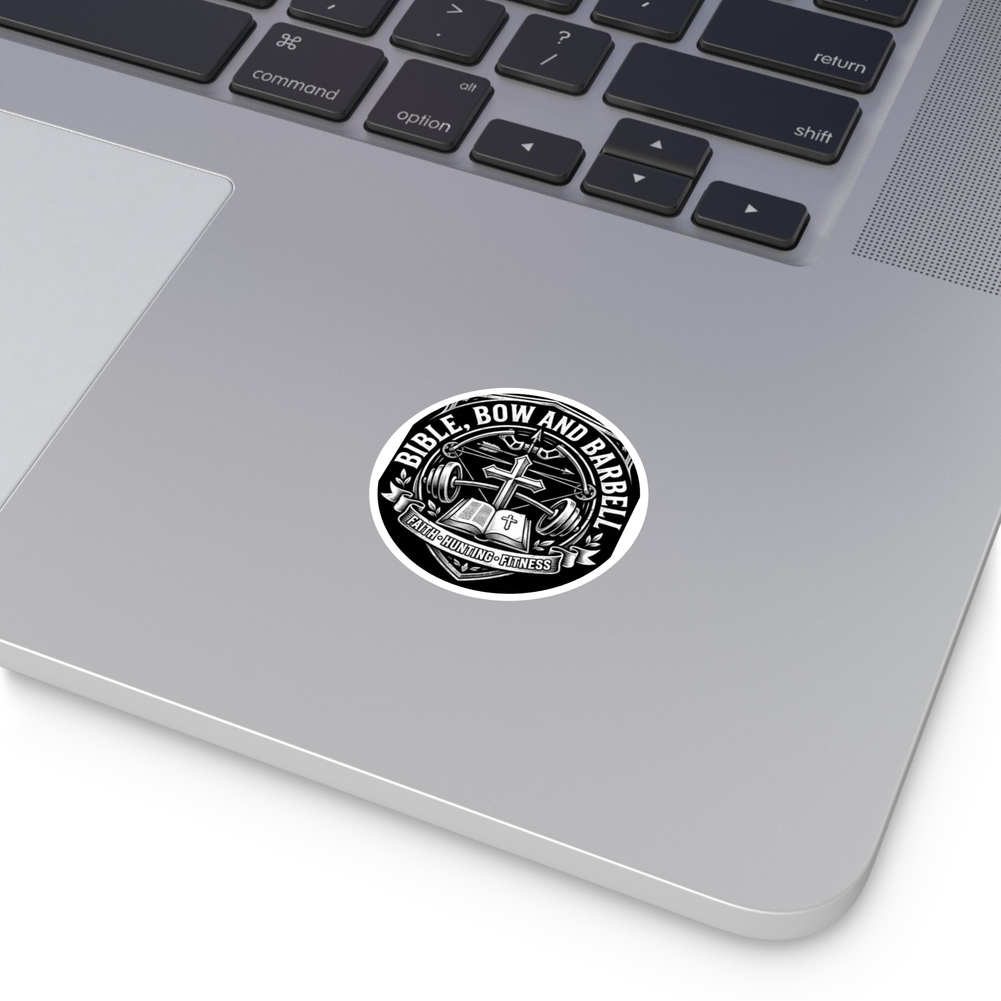 Bible Bow and Barbell Round Sticker | Faith Hunting Fitness