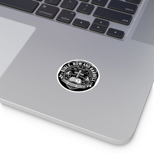 Bible Bow and Barbell Round Sticker | Faith Hunting Fitness