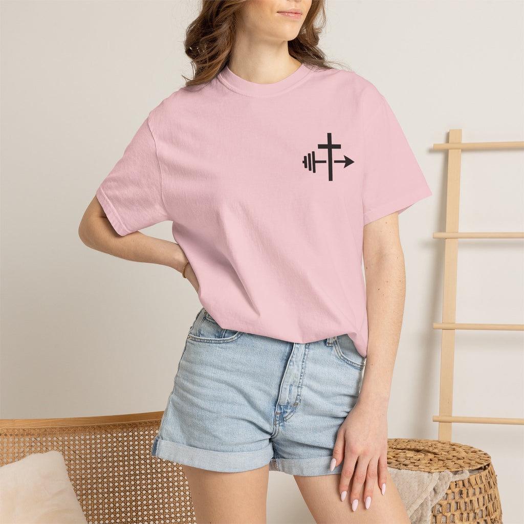 Cross and Barbell Chest Logo T-Shirt | Faith Fitness Tee