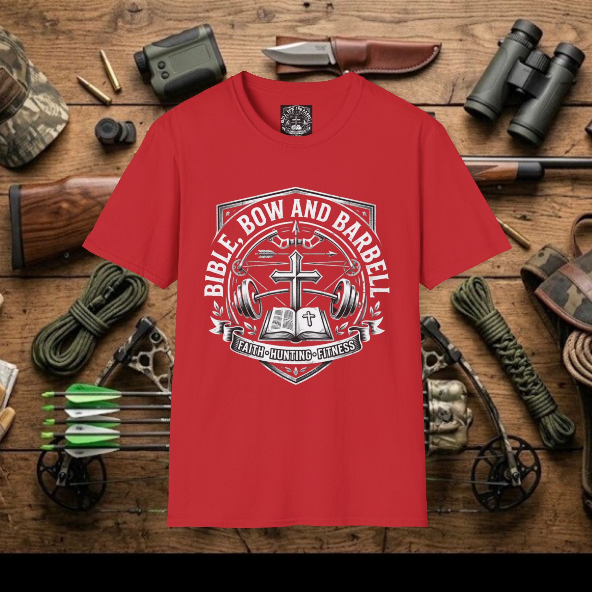 Bible Bow and Barbell Emblem T-Shirt | Fitness Crossed Barbell Logo
