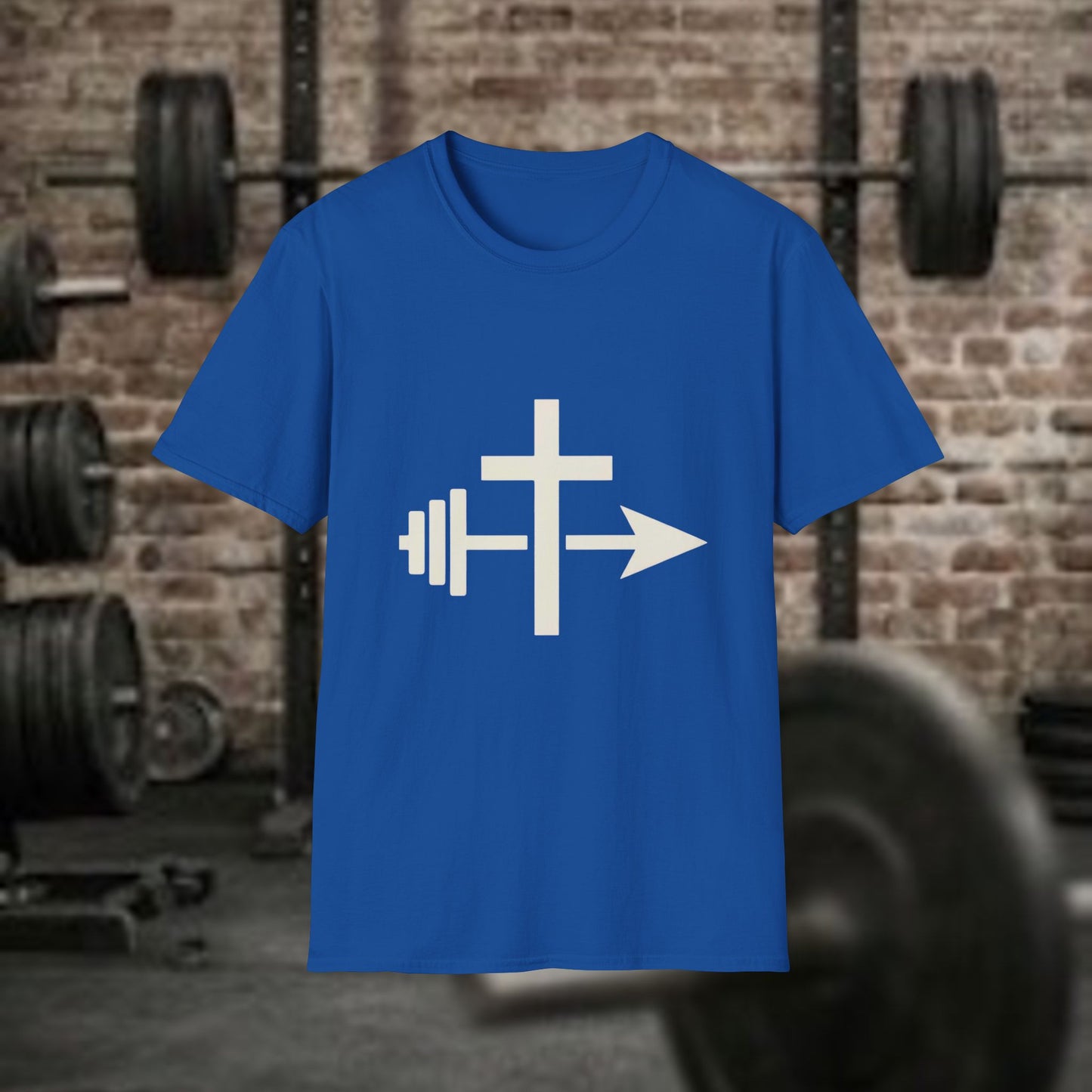 Christian Workout Shirt: Cross, Barbell and Arrow  Minimalist Christian Tee