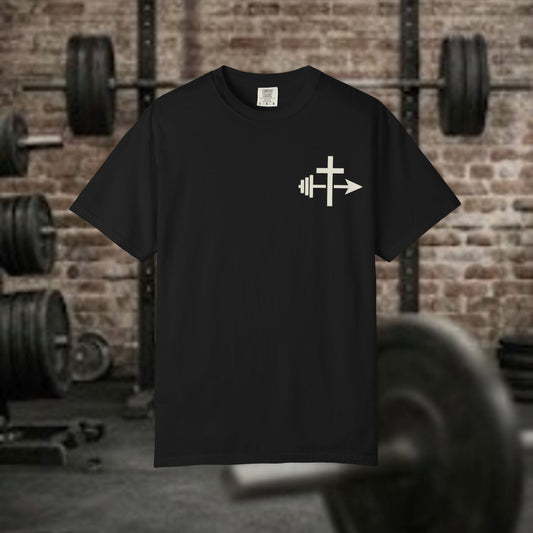 Cross and Barbell Chest Logo Only T-Shirt | Faith Fitness Tee