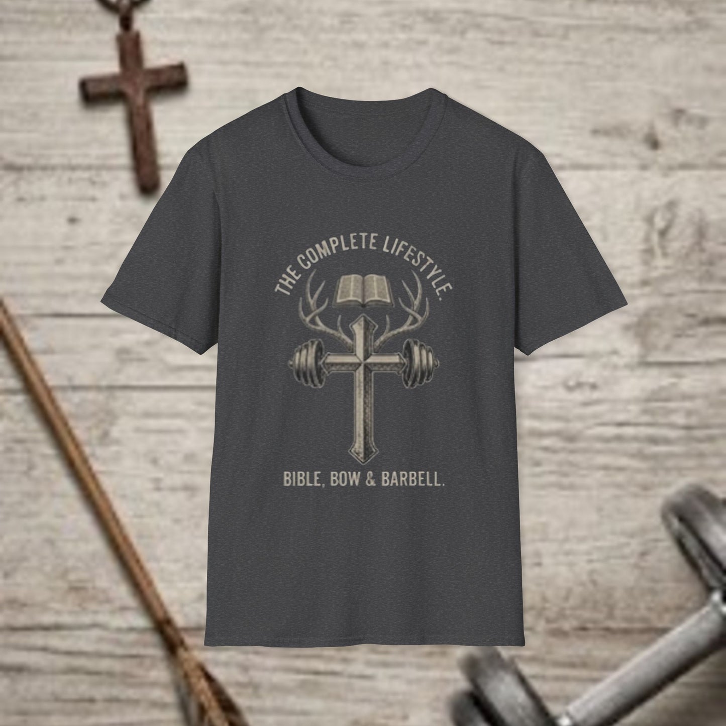 The Complete Lifestyle T-Shirt — "Bible, Bow & Barbell" Faith & Fitness Tee