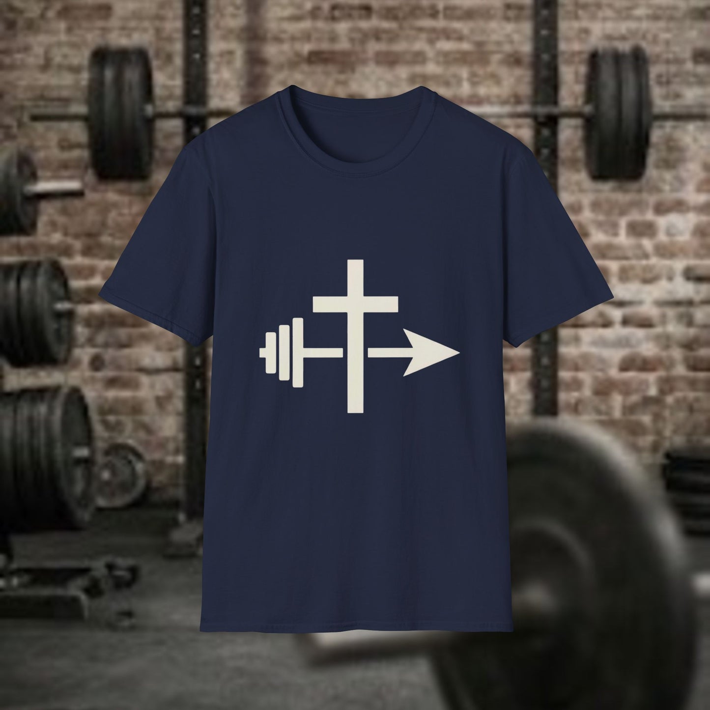 Christian Workout Shirt: Cross, Barbell and Arrow  Minimalist Christian Tee