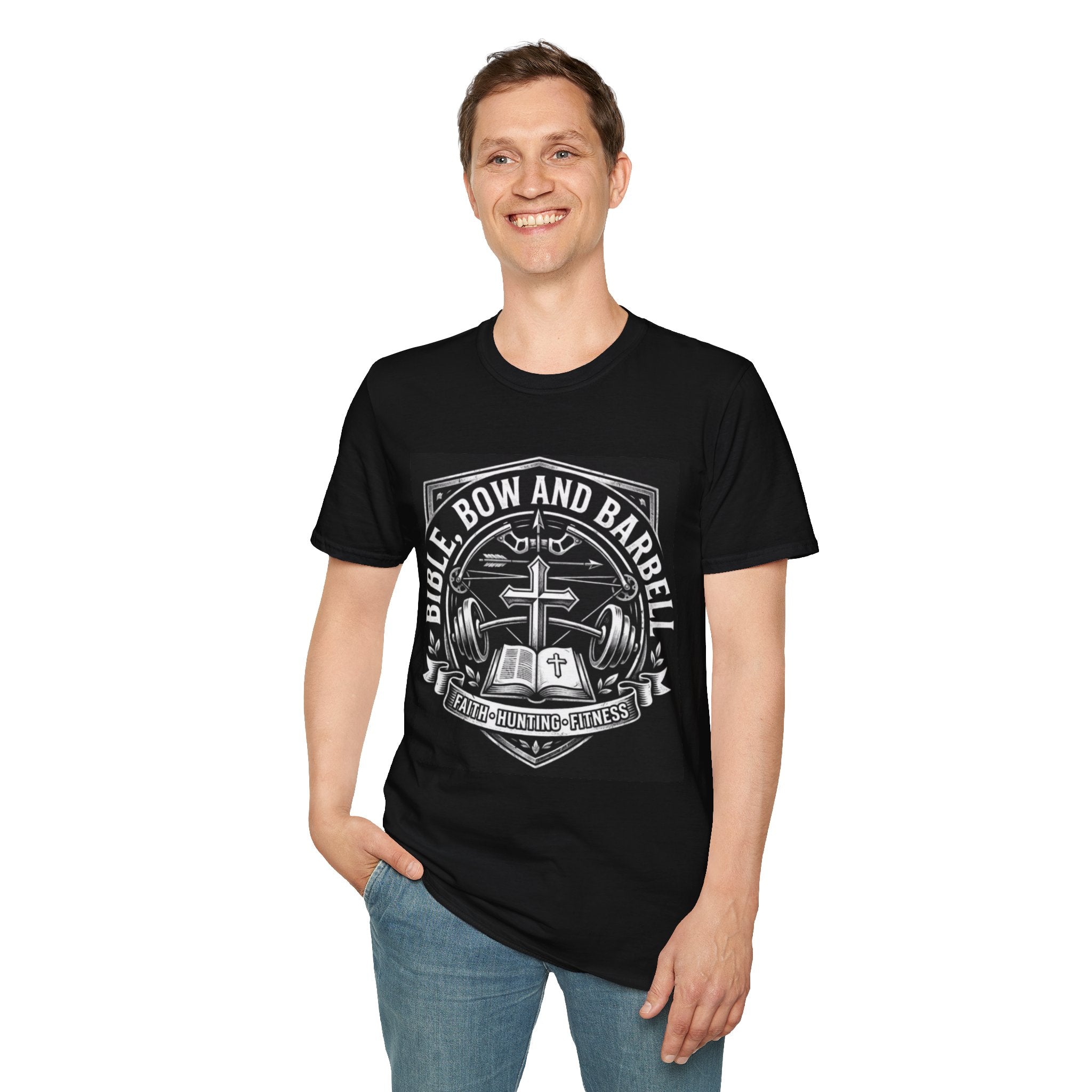 Bible Bow and Barbell Emblem T-Shirt | Fitness Crossed Barbell Logo