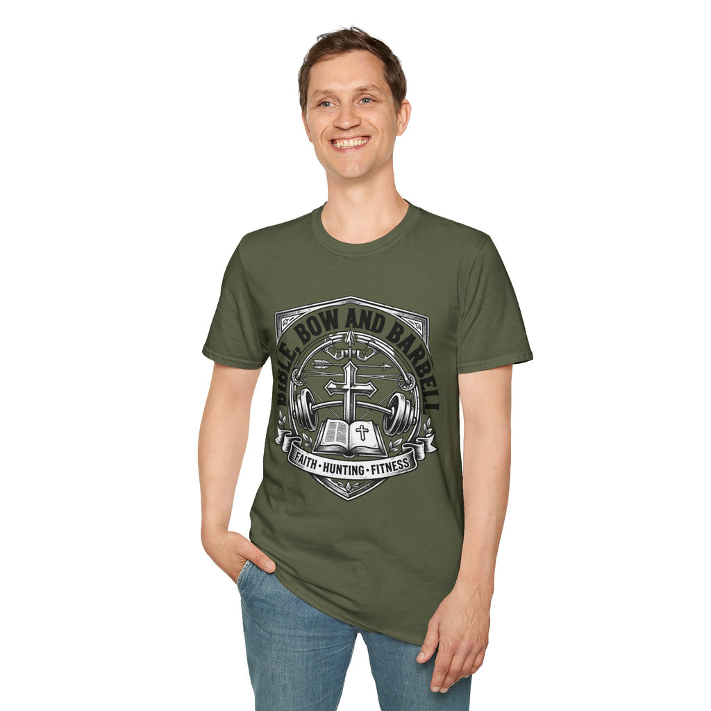 Bible Bow and Barbell Emblem T-Shirt | Fitness Crossed Barbell Logo