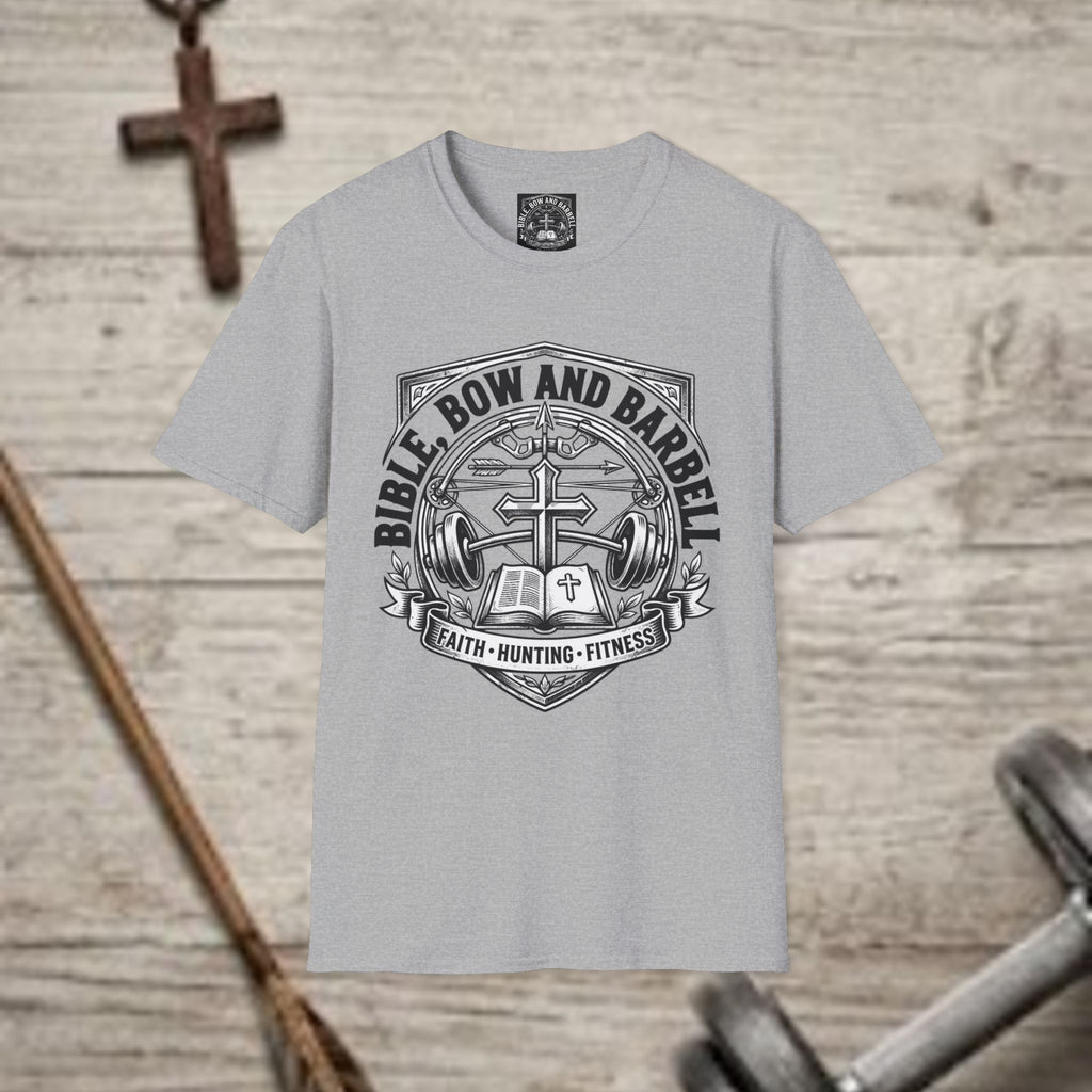 Bible Bow and Barbell Emblem T-Shirt | Fitness Crossed Barbell Logo