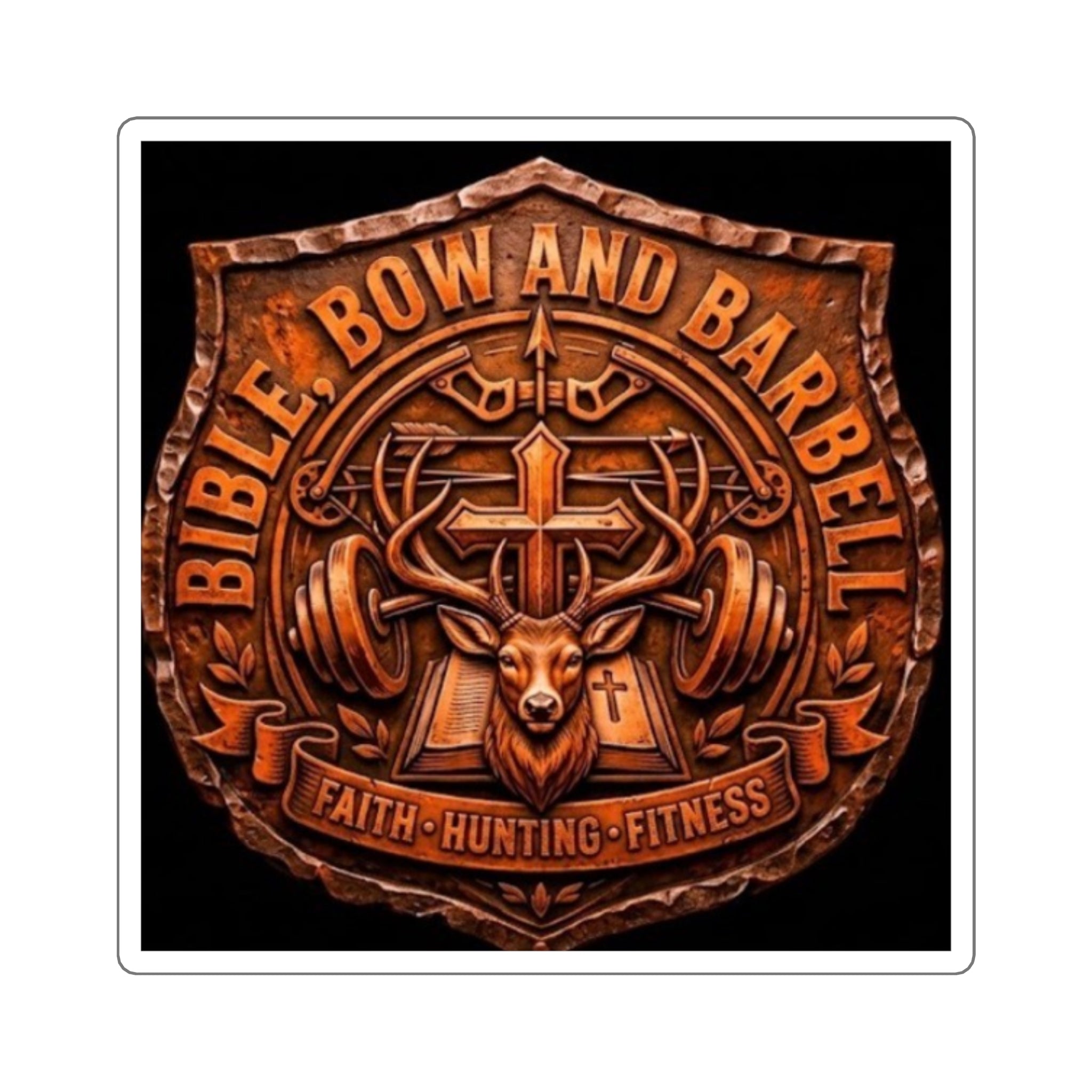 Bible Bow and Barbell Buck Shield emblem Sticker | Faith Hunting Fitness