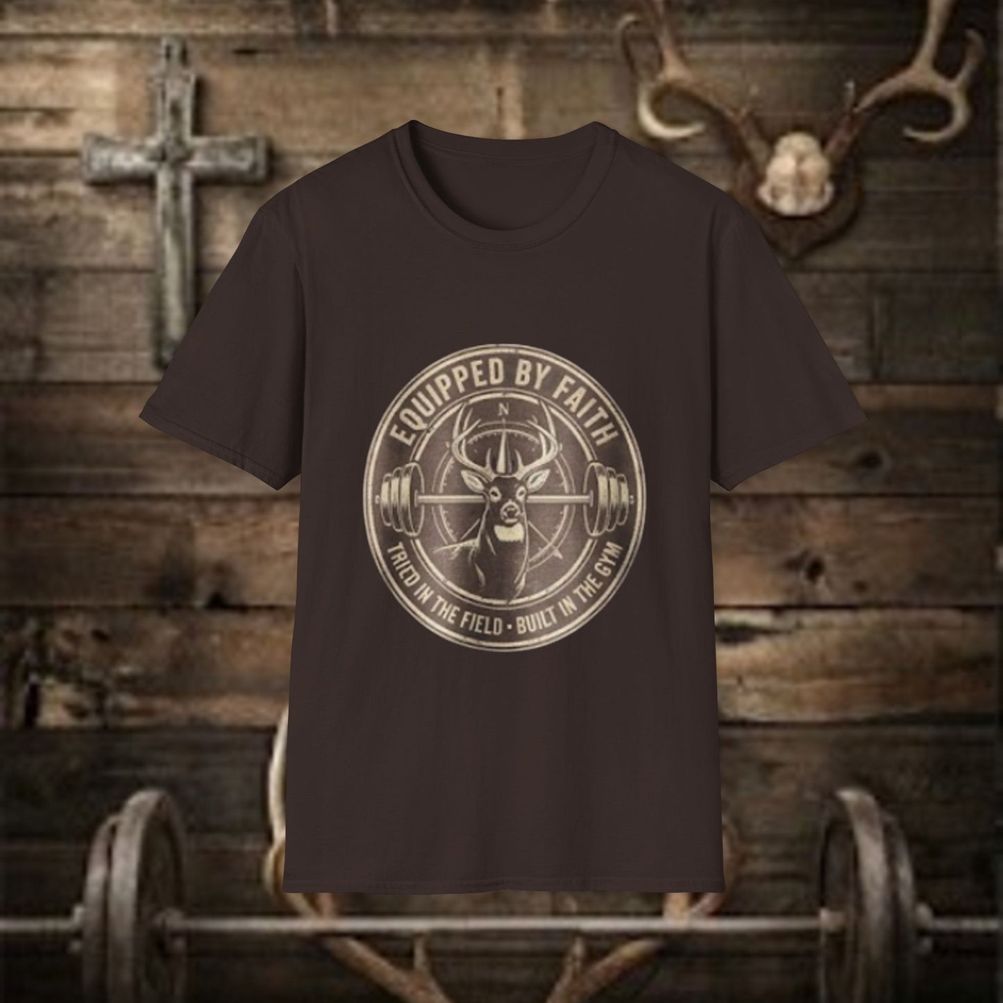 Christian Hunting and Fitness Tee— Equipped By Faith Deer Compass Graphic Tee