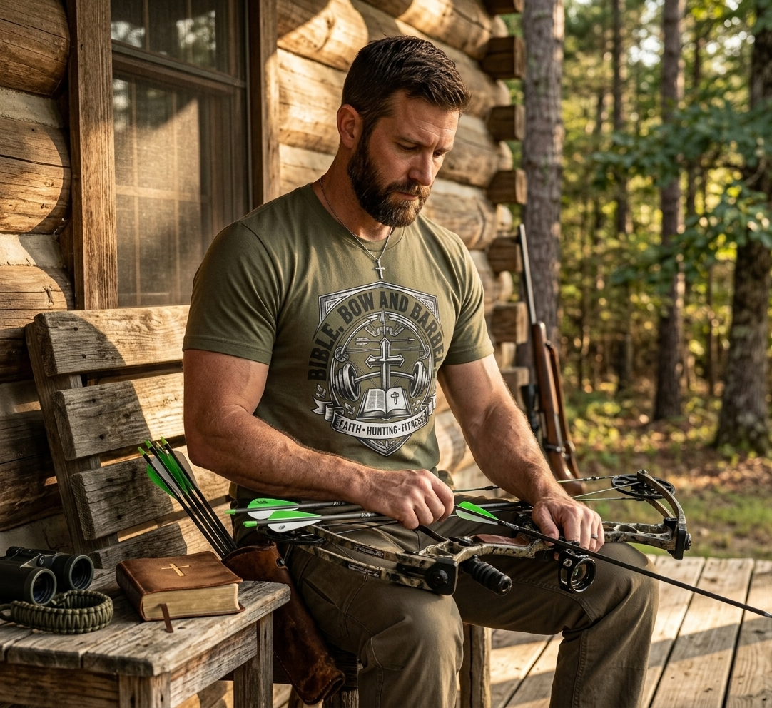 Bible Bow and Barbell Emblem T-Shirt | Fitness Crossed Barbell Logo