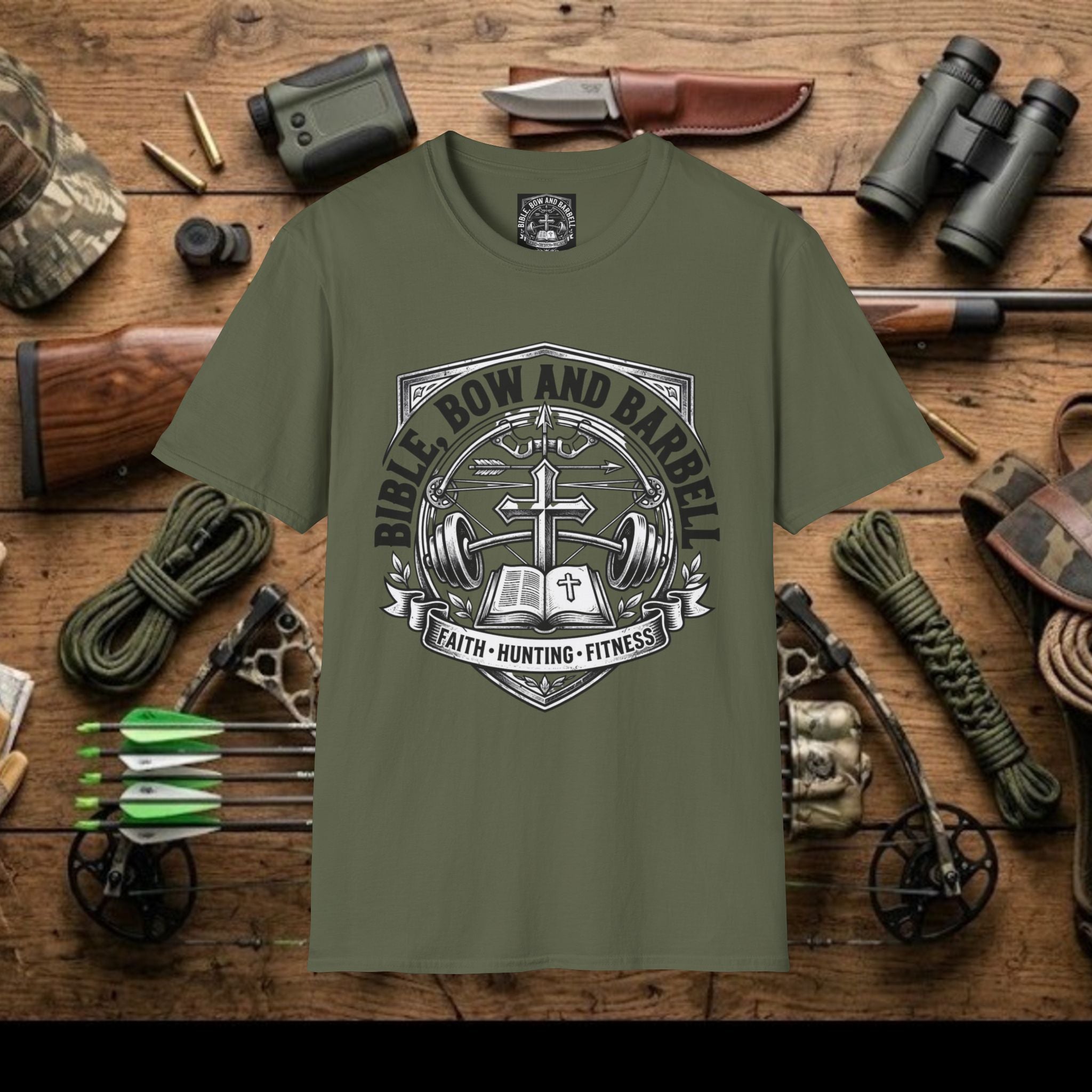 Bible Bow and Barbell Emblem T-Shirt | Fitness Crossed Barbell Logo