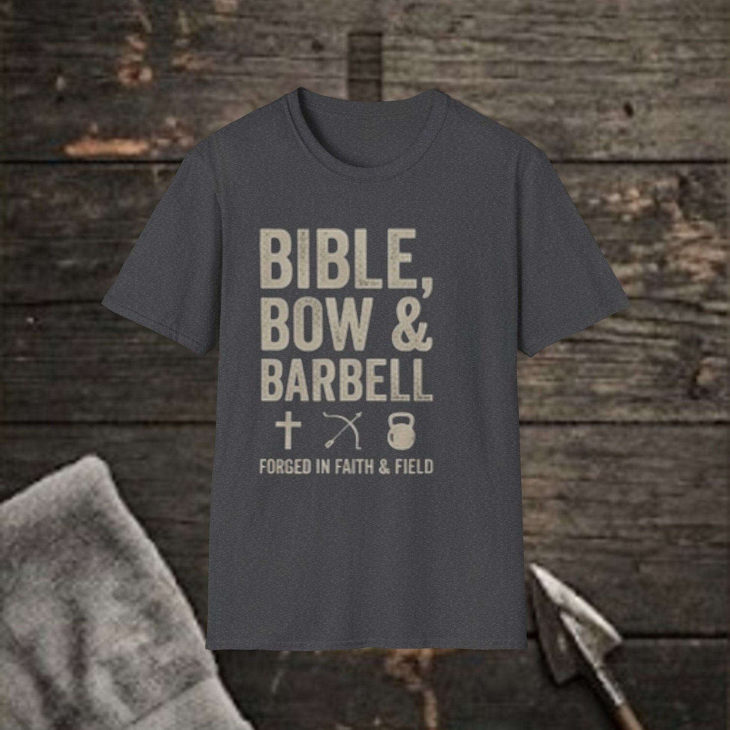 Bible, Bow & Barbell T‑Shirt — Christian Workout  Tee