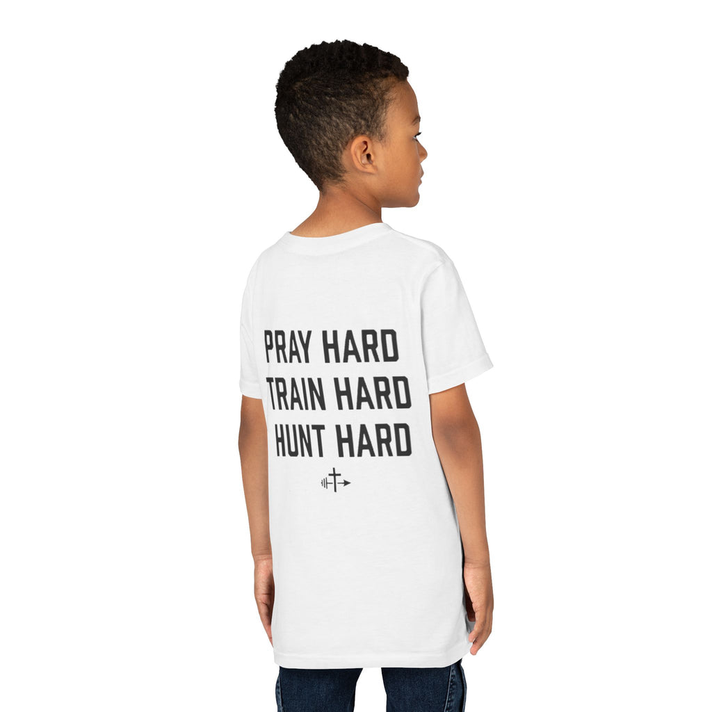 Youth Tee - "Pray Hard Train Hard Hunt Hard" Camo Faith & Hunting Kids Shirt