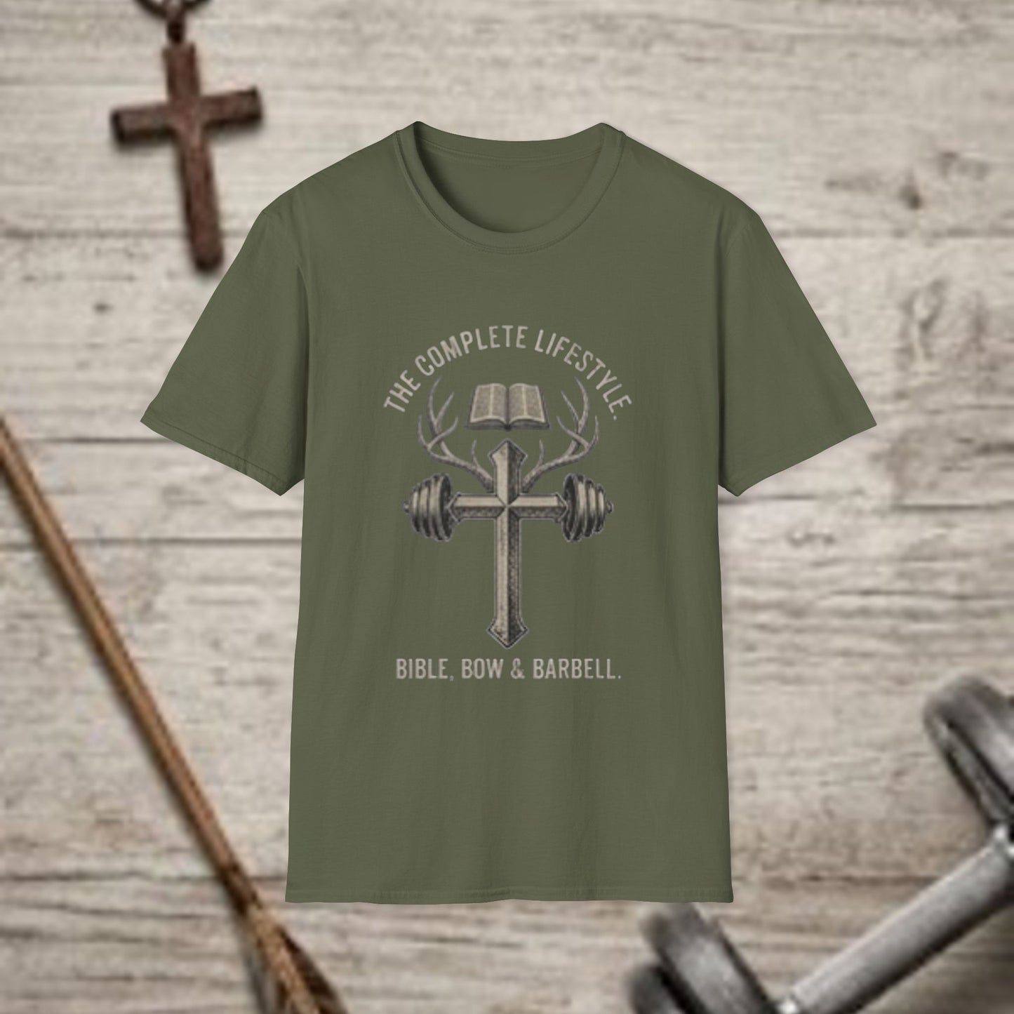 The Complete Lifestyle T-Shirt — "Bible, Bow & Barbell" Faith & Fitness Tee