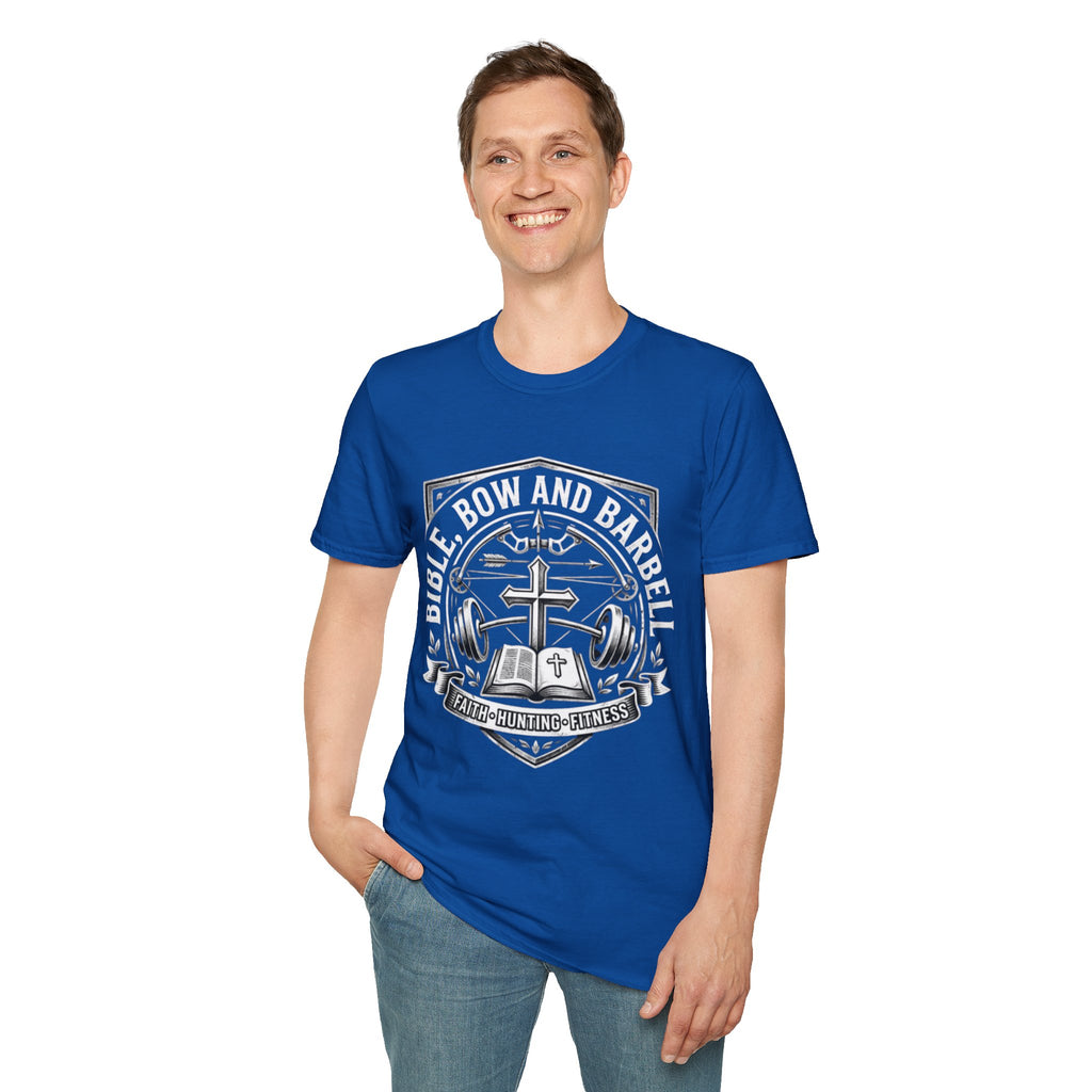 Bible Bow and Barbell Emblem T-Shirt | Fitness Crossed Barbell Logo