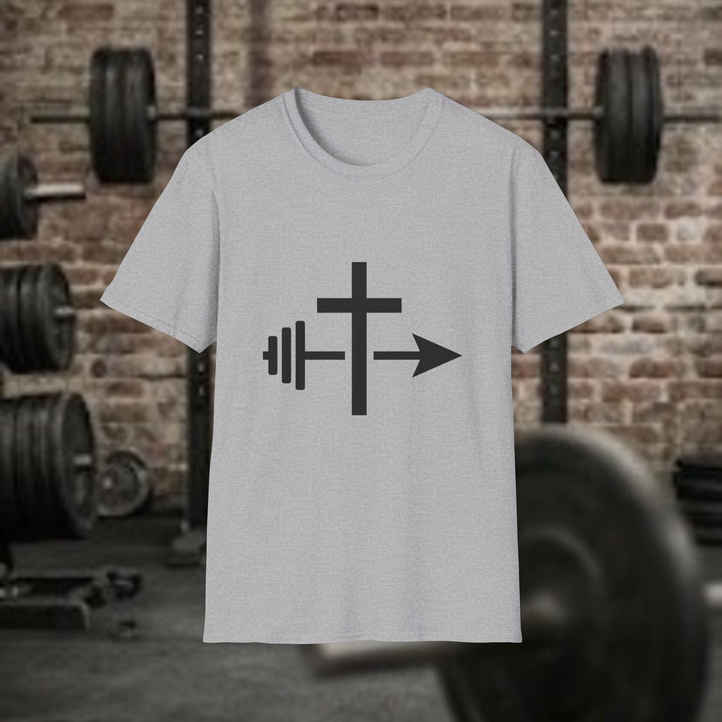 Christian Workout Shirt: Cross, Barbell and Arrow  Minimalist Christian Tee