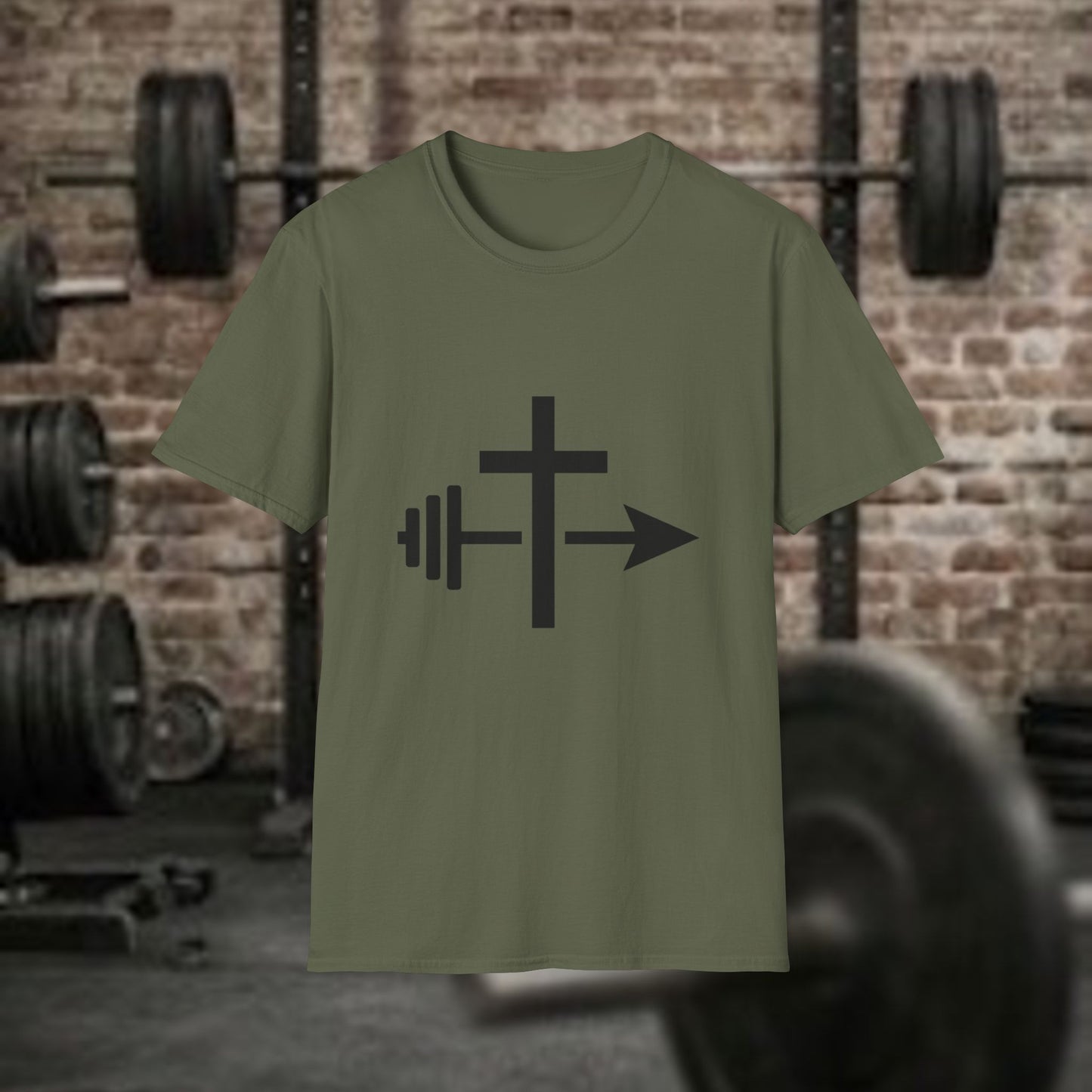 Christian Workout Shirt: Cross, Barbell and Arrow  Minimalist Christian Tee