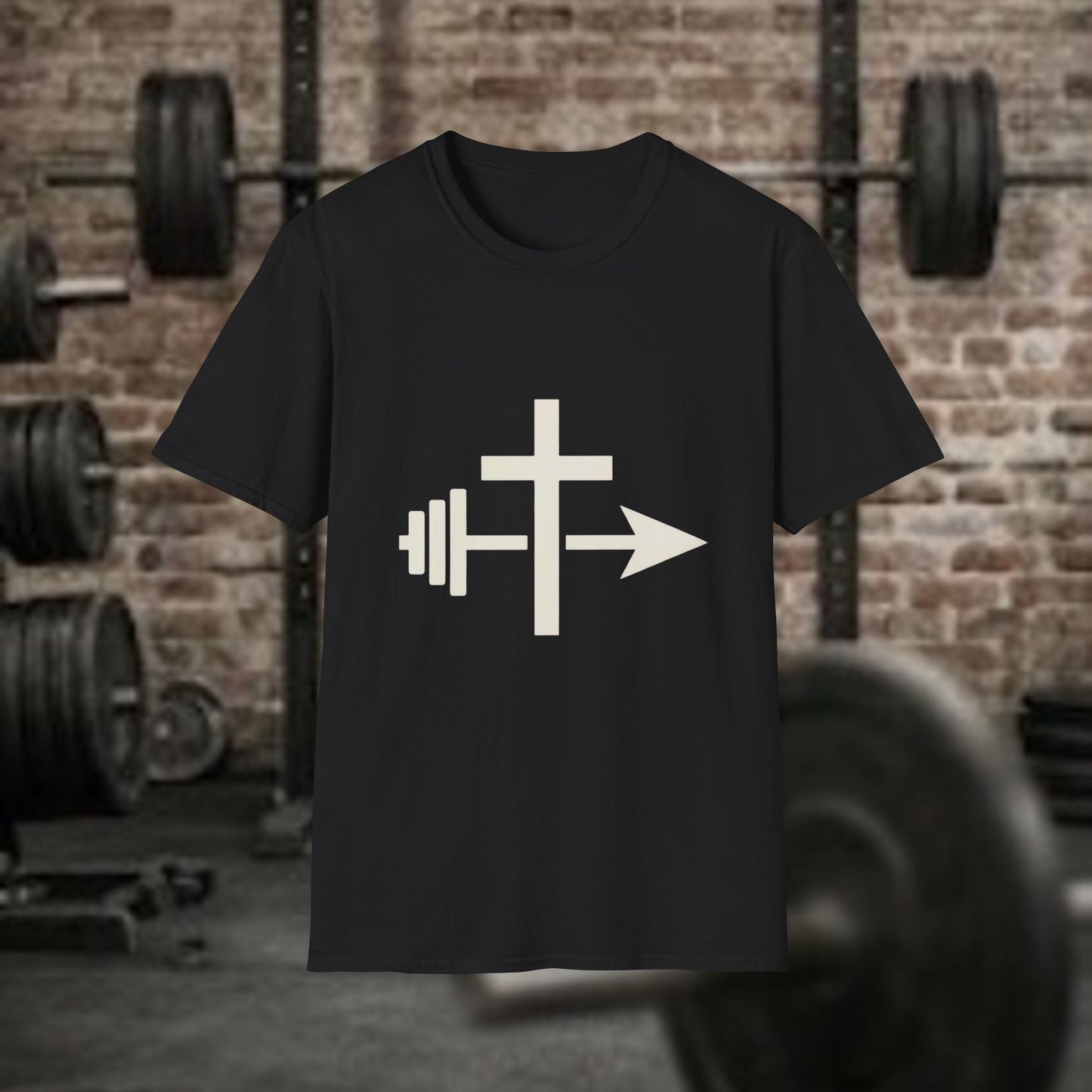 Christian Workout Shirt: Cross, Barbell and Arrow  Minimalist Christian Tee