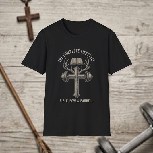 The Complete Lifestyle T-Shirt — "Bible, Bow & Barbell" Faith & Fitness Tee