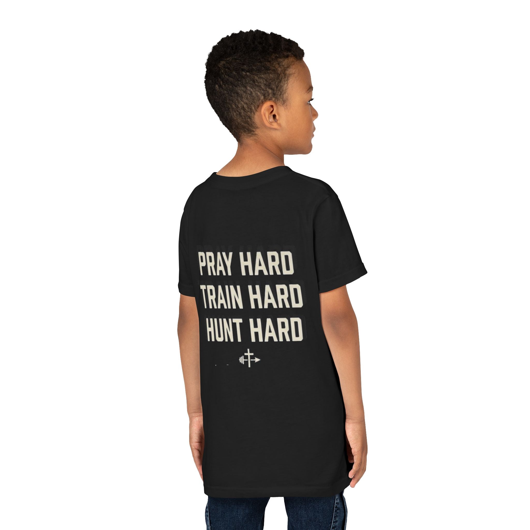 Youth Tee - "Pray Hard Train Hard Hunt Hard" Camo Faith & Hunting Kids Shirt
