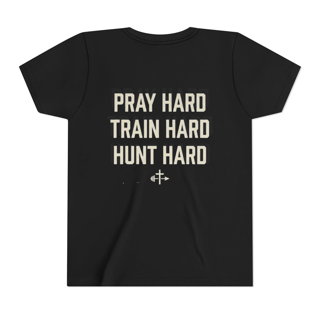 Youth Tee - "Pray Hard Train Hard Hunt Hard" Camo Faith & Hunting Kids Shirt