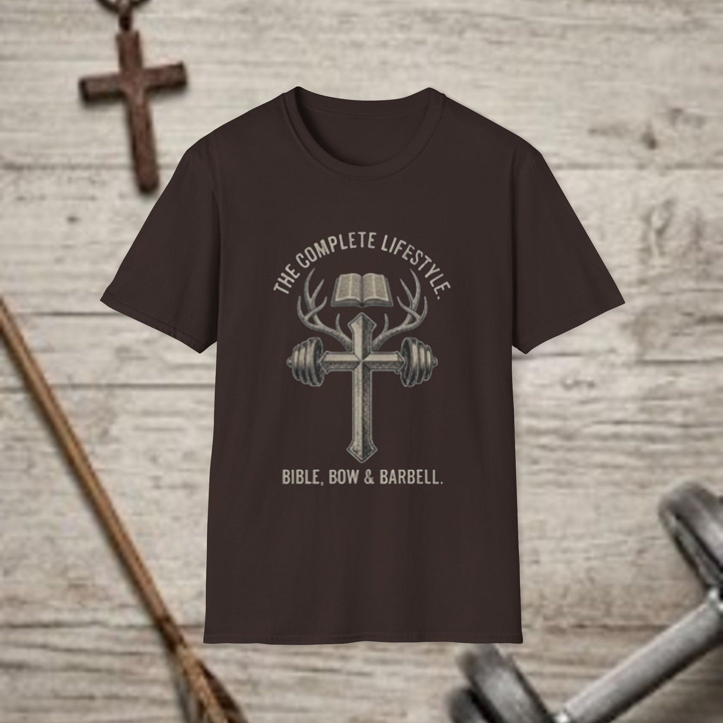 The Complete Lifestyle T-Shirt — "Bible, Bow & Barbell" Faith & Fitness Tee