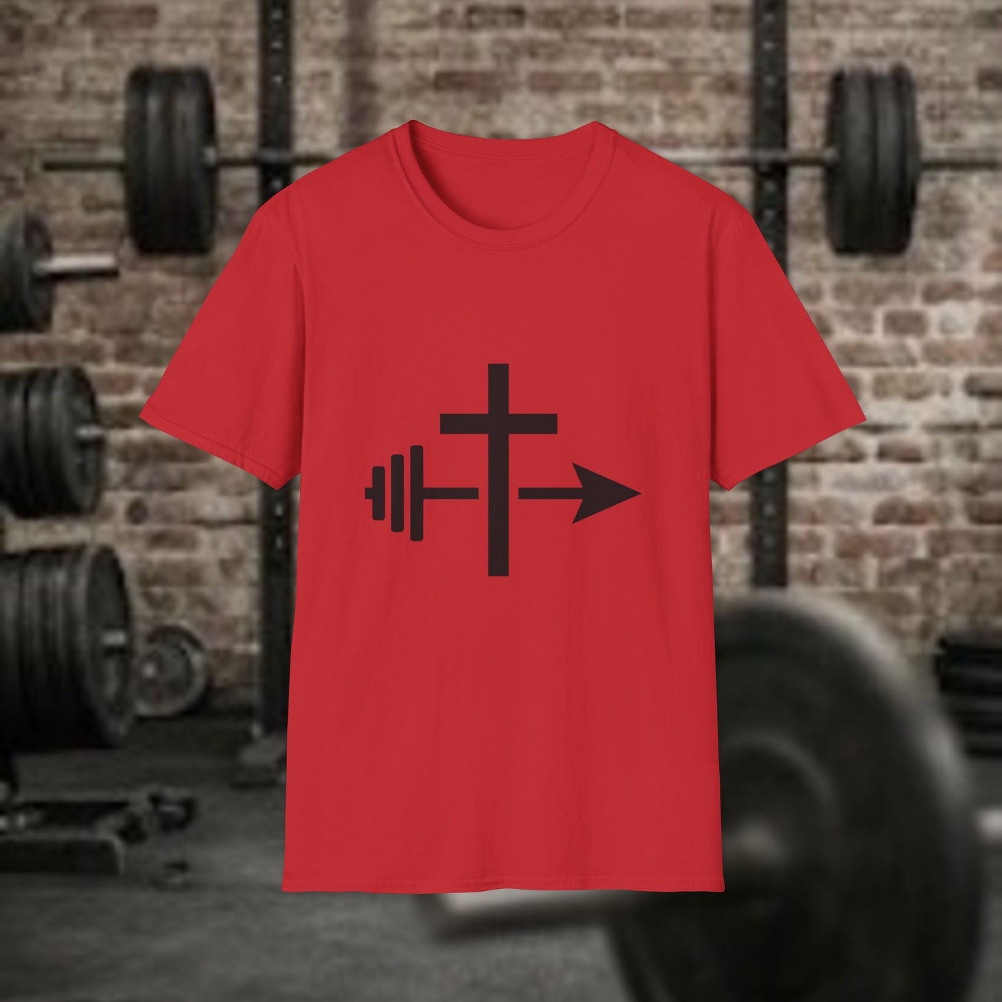 Christian Workout Shirt: Cross, Barbell and Arrow  Minimalist Christian Tee